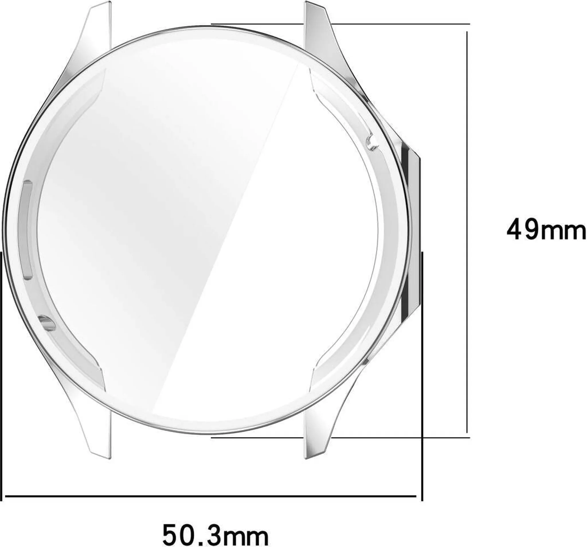 Transparenter Uhrenschutz 50,3 mm breit und 49 mm hoch.