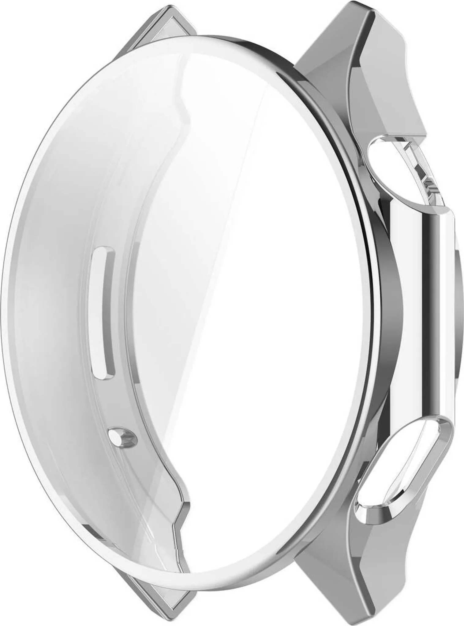 Transparente Schutzhülle mit silbernem Rand für eine Smartwatch.