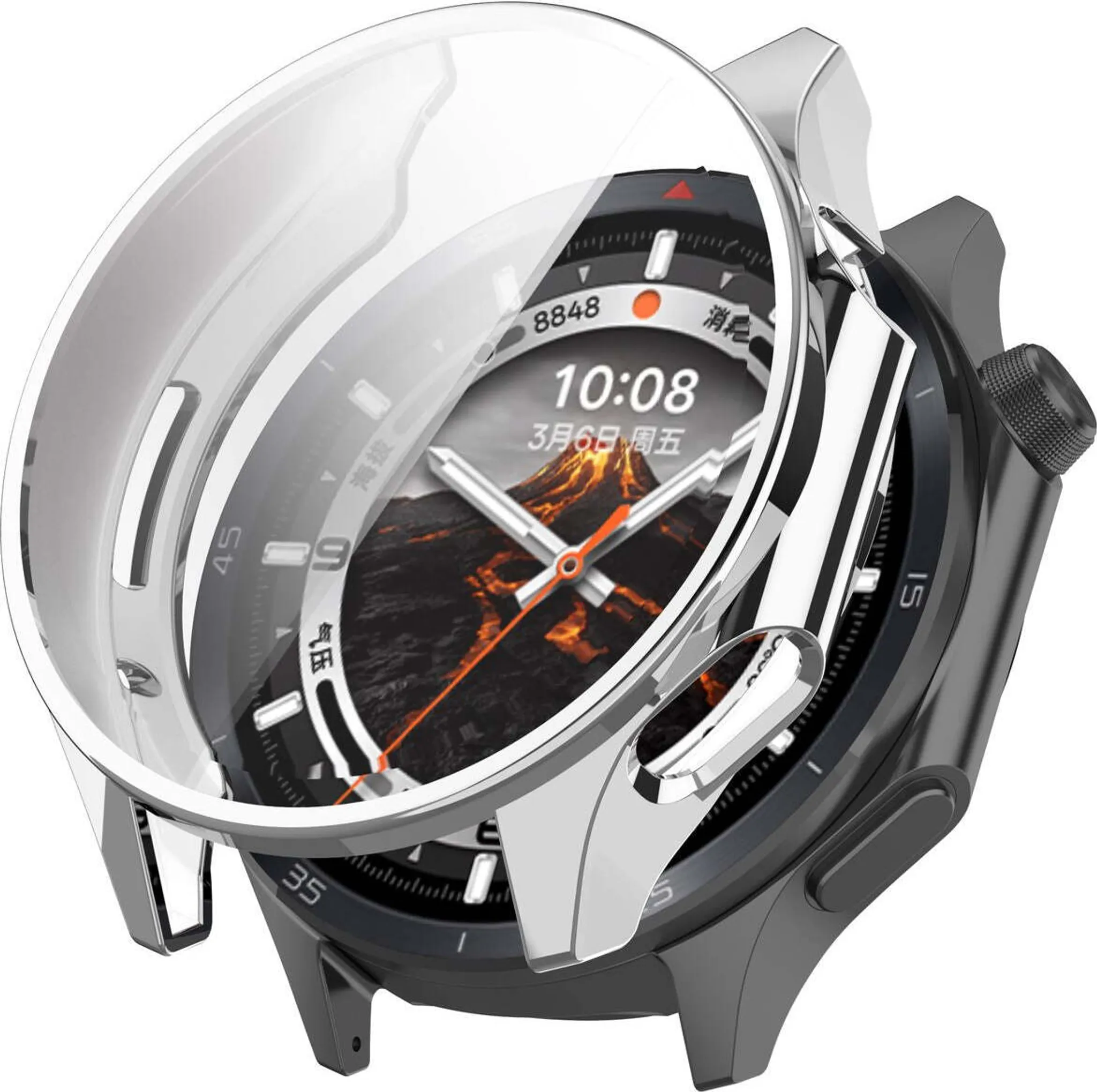 Eine silberne Schutzhülle bedeckt eine Smartwatch mit vulkanischem Zifferblatt.