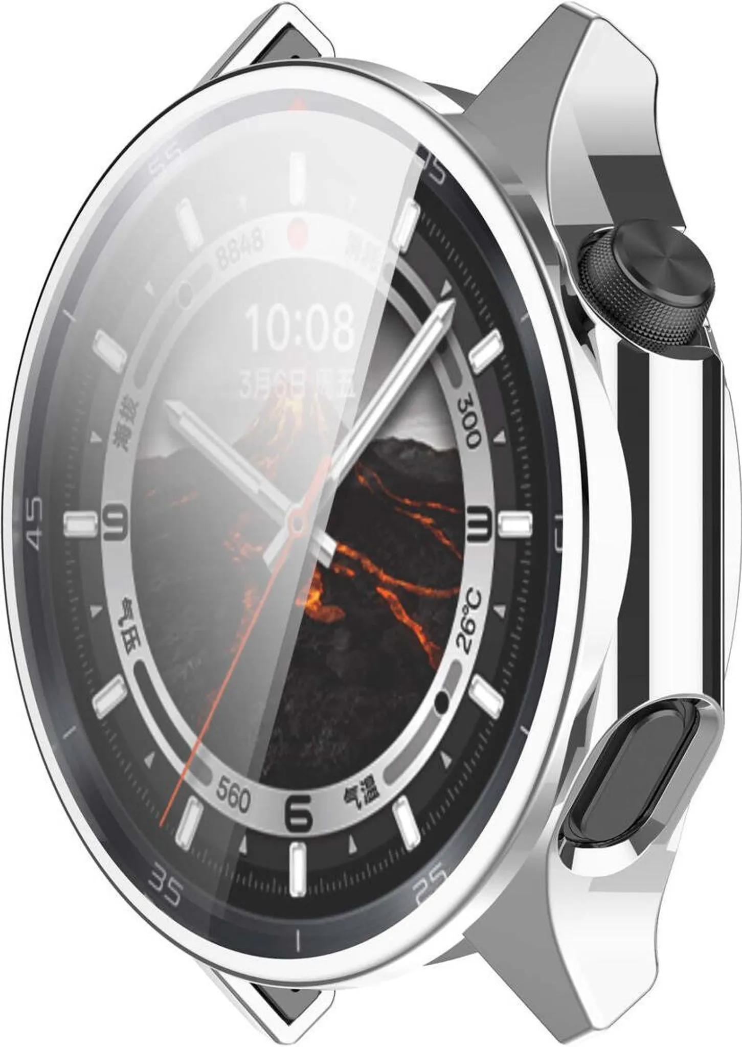 Silberne Smartwatch mit Vulkan-Zifferblatt und Zeit 10:08.