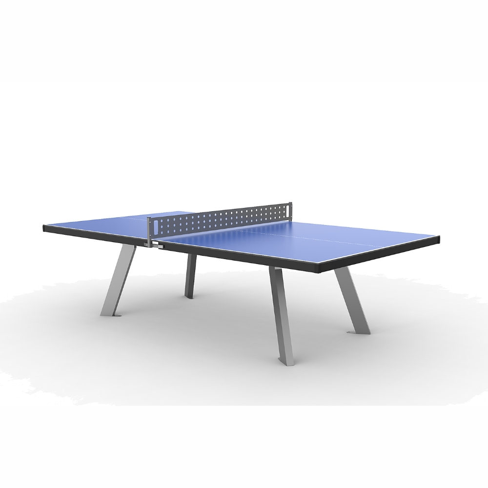 Mesa de ping pong azul con patas plateadas y red.