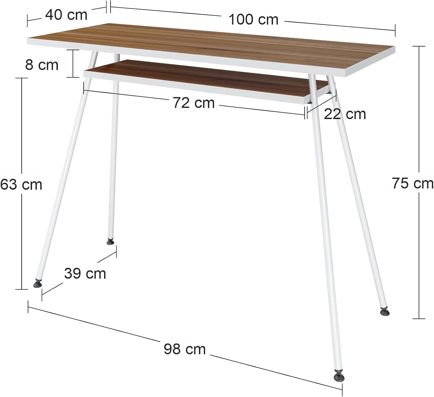Mesa de madera con patas blancas, dimensiones 100x40x75cm, con estante.