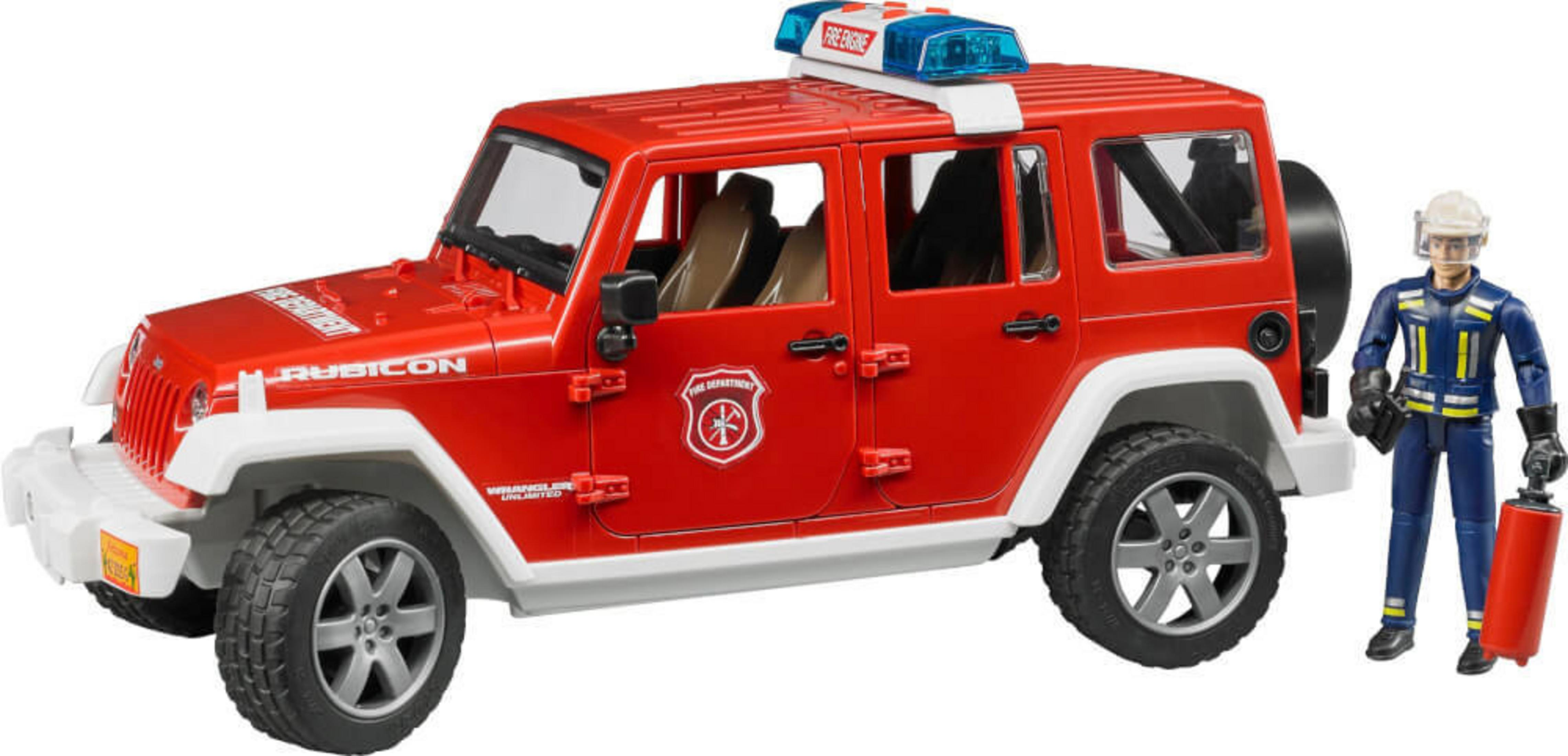 Ein rotes Spielzeug-Feuerwehrauto mit einer Figur eines Feuerwehrmanns.