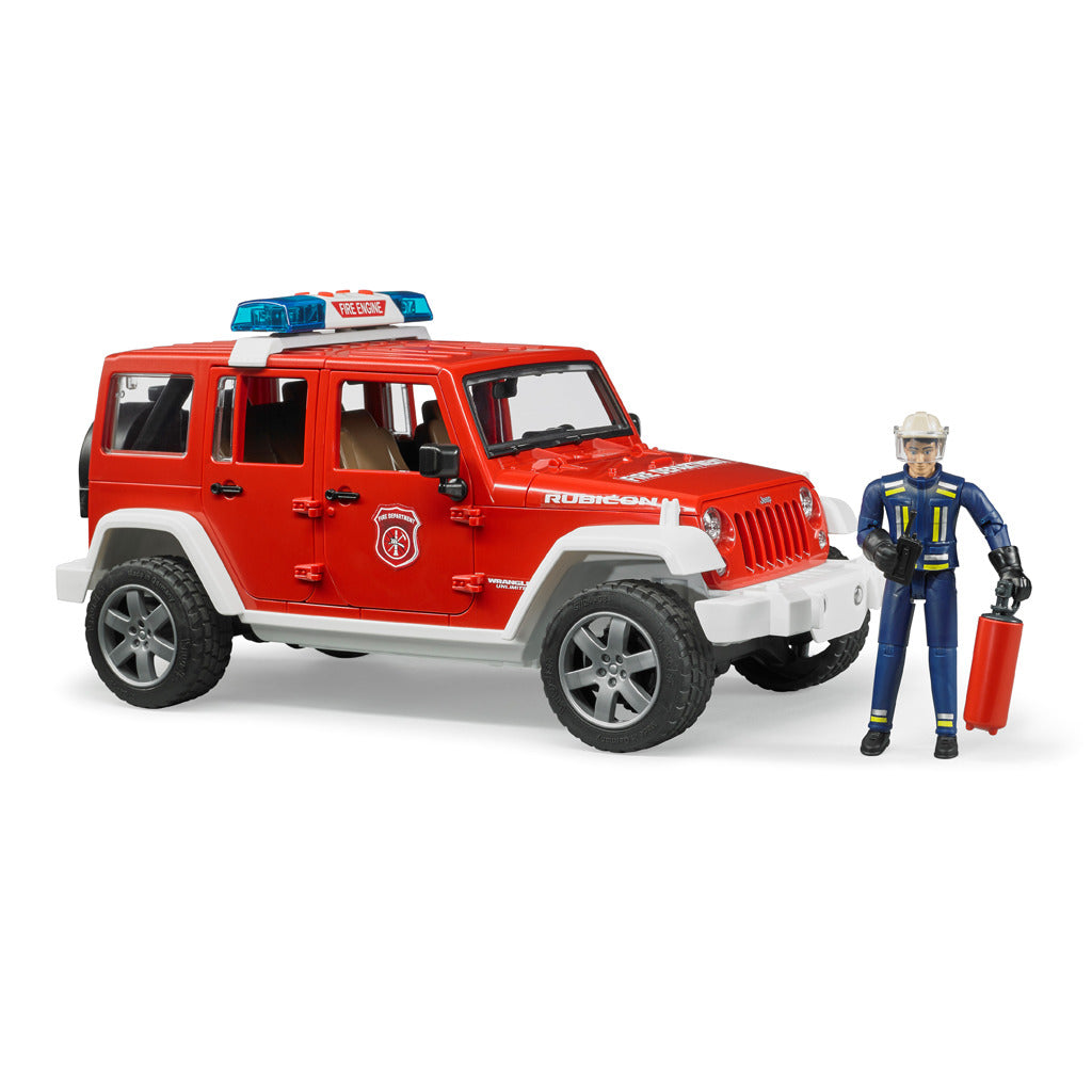 Ein roter Spielzeug-Feuerwehrauto-Jeep mit einer Feuerwehrfigur, die einen roten Zylinder hält.
