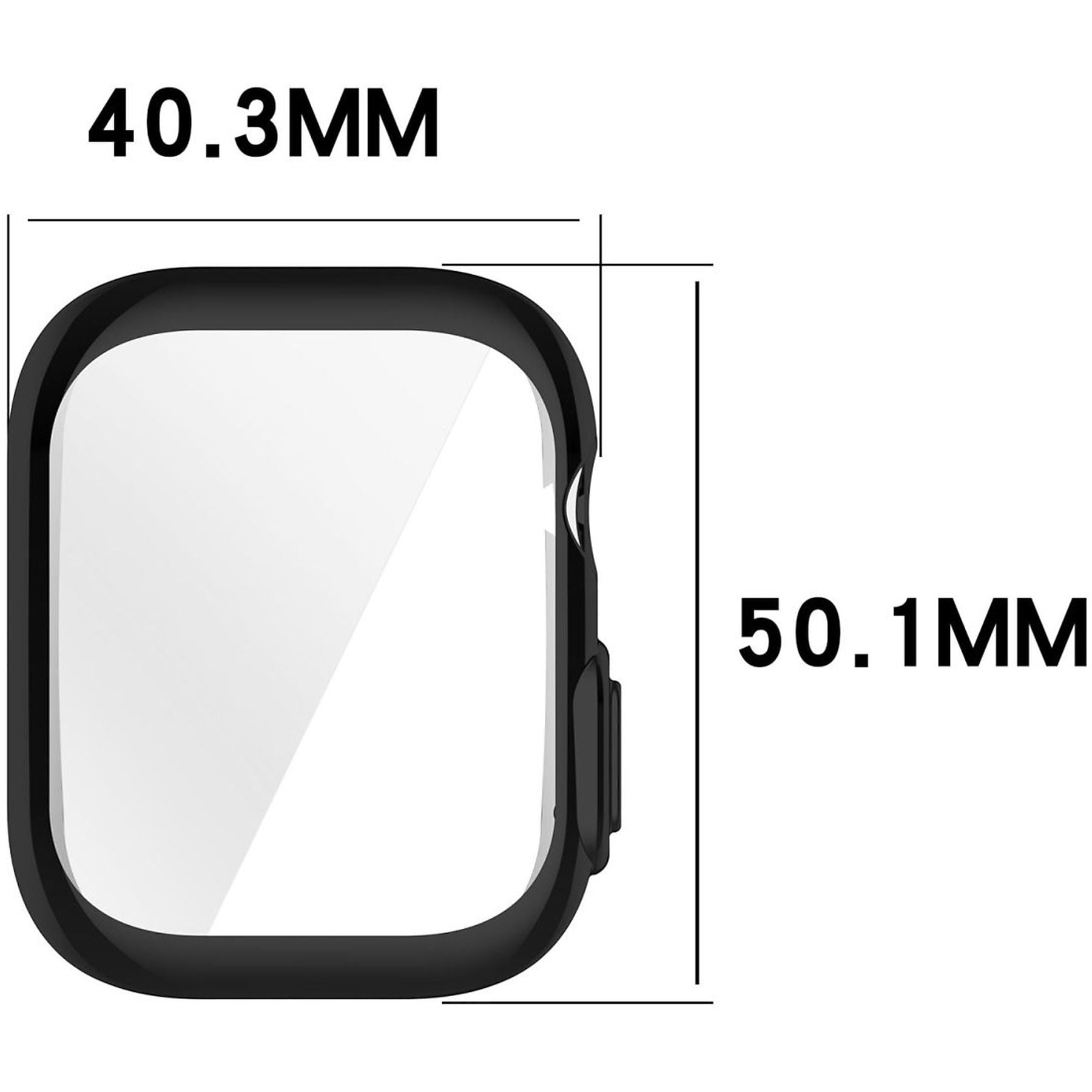 Schwarzer Uhrenschutz mit Maßen 40,3mm x 50,1mm.