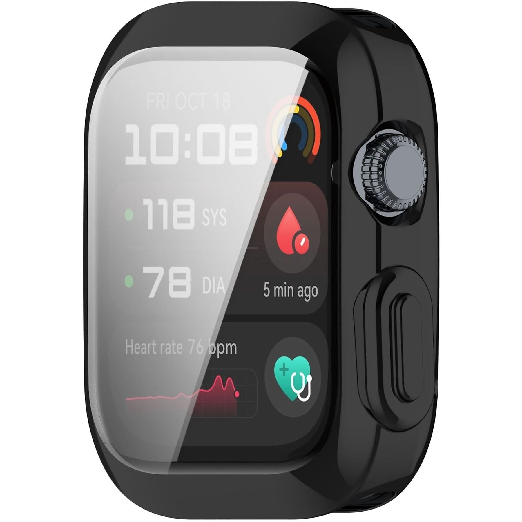 Schwarze Smartwatch mit Gesundheitsdaten: 118 systolisch, 78 diastolisch, Herzfrequenz 76 bpm.