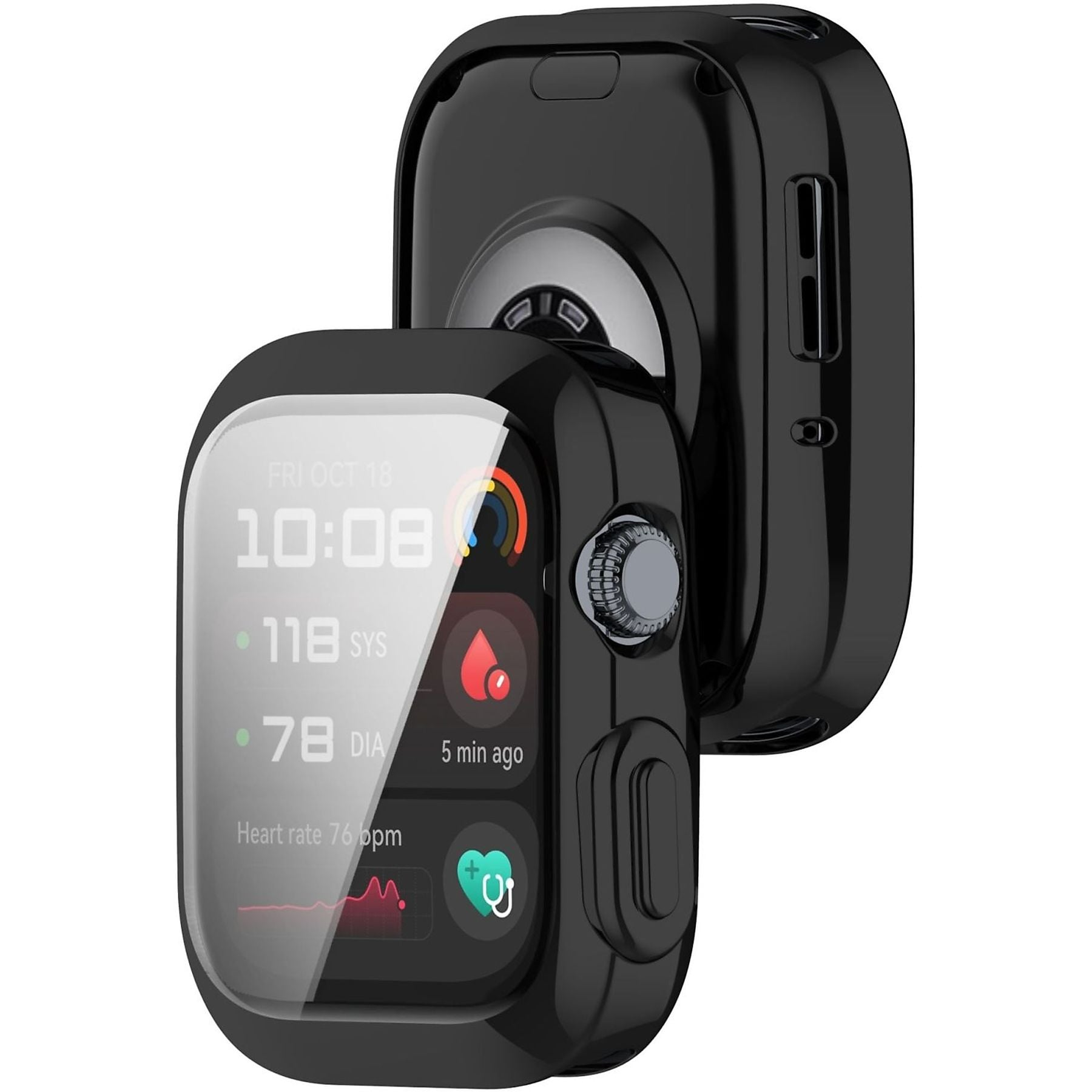Schwarze Schutzhülle für eine Smartwatch mit Herzfrequenz- und Blutdruckanzeige.
