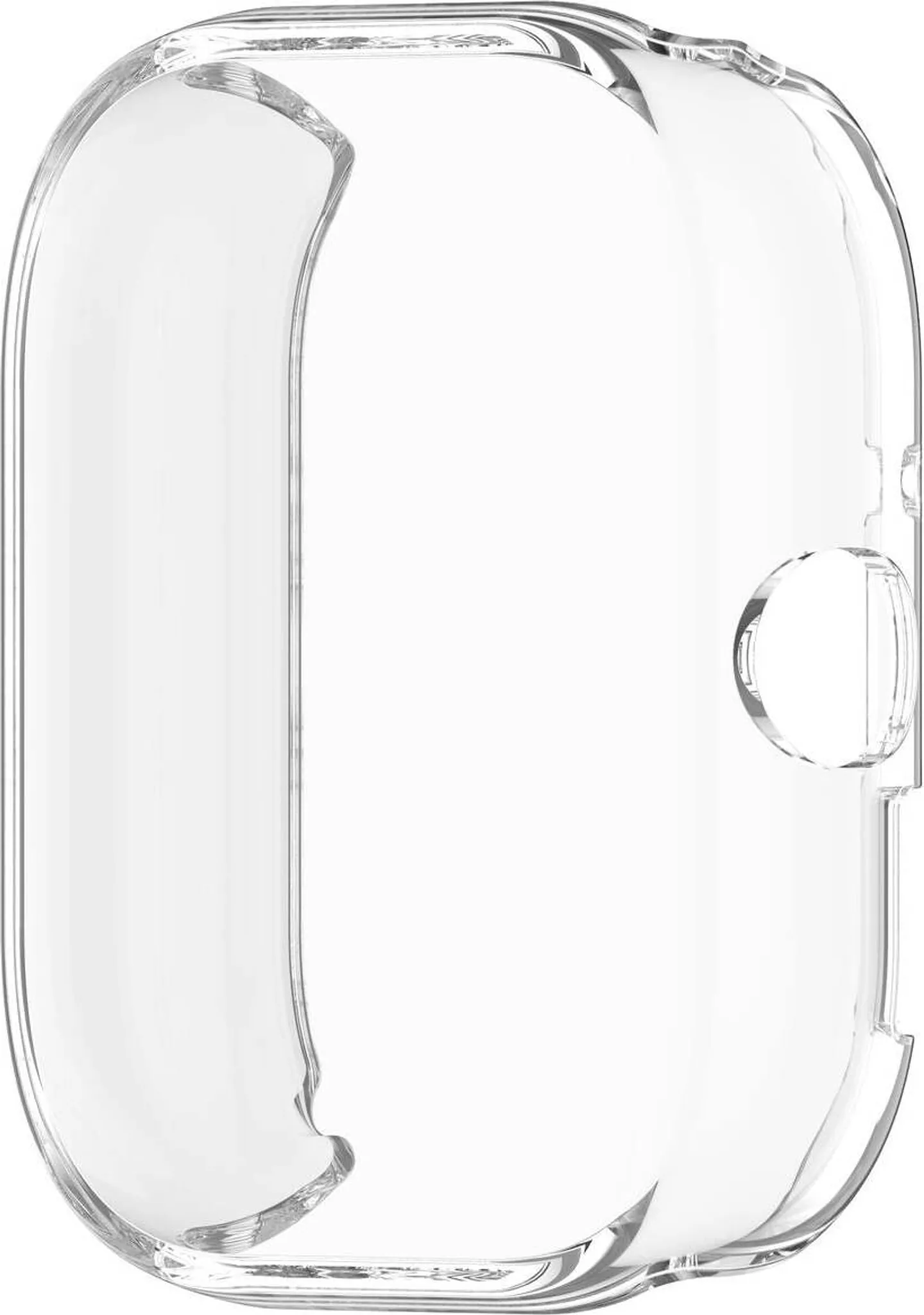 Transparenter Schutzrahmen für ein rundes Smartwatch-Display mit seitlicher Taste.