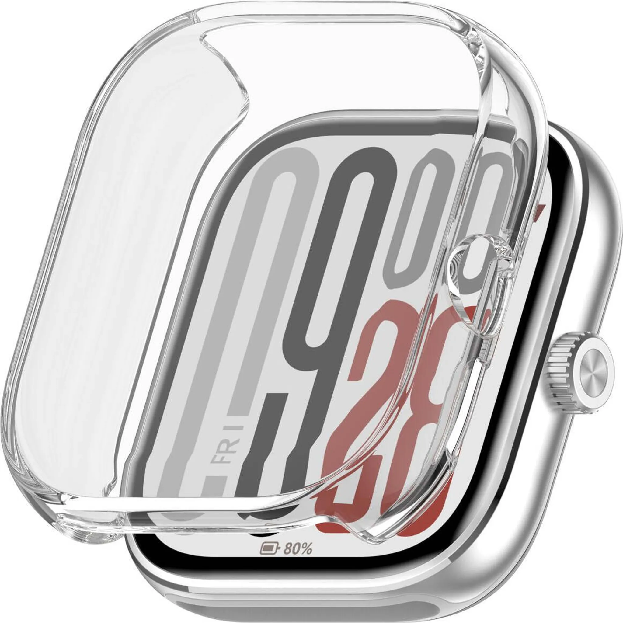 Silberne Smartwatch mit transparentem Schutzgehäuse und 80% Akkuanzeige.