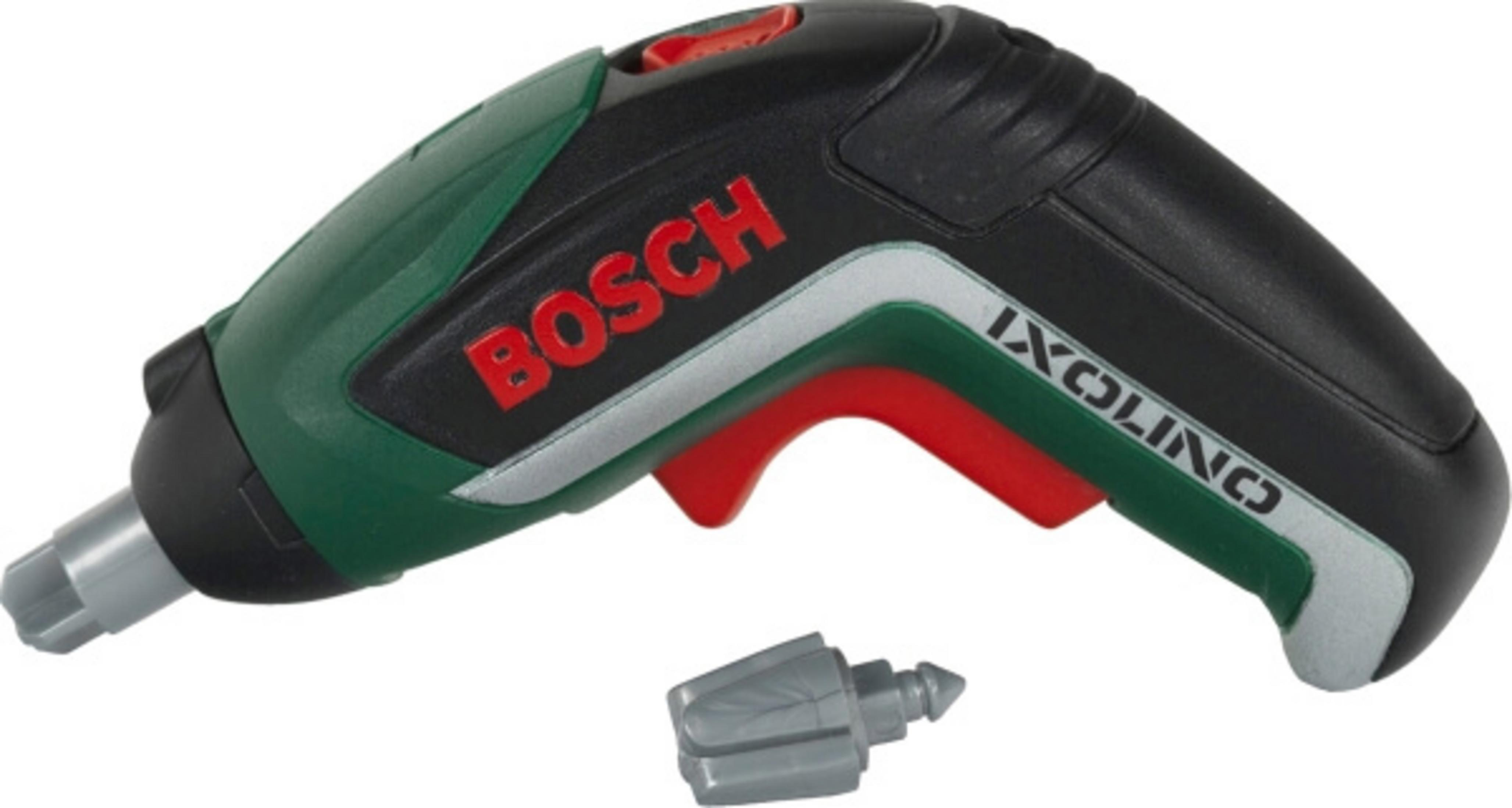 Ein schwarzer und grüner Bosch IXOLINO Spielzeugschrauber mit rotem Knopf und einem Bit.
