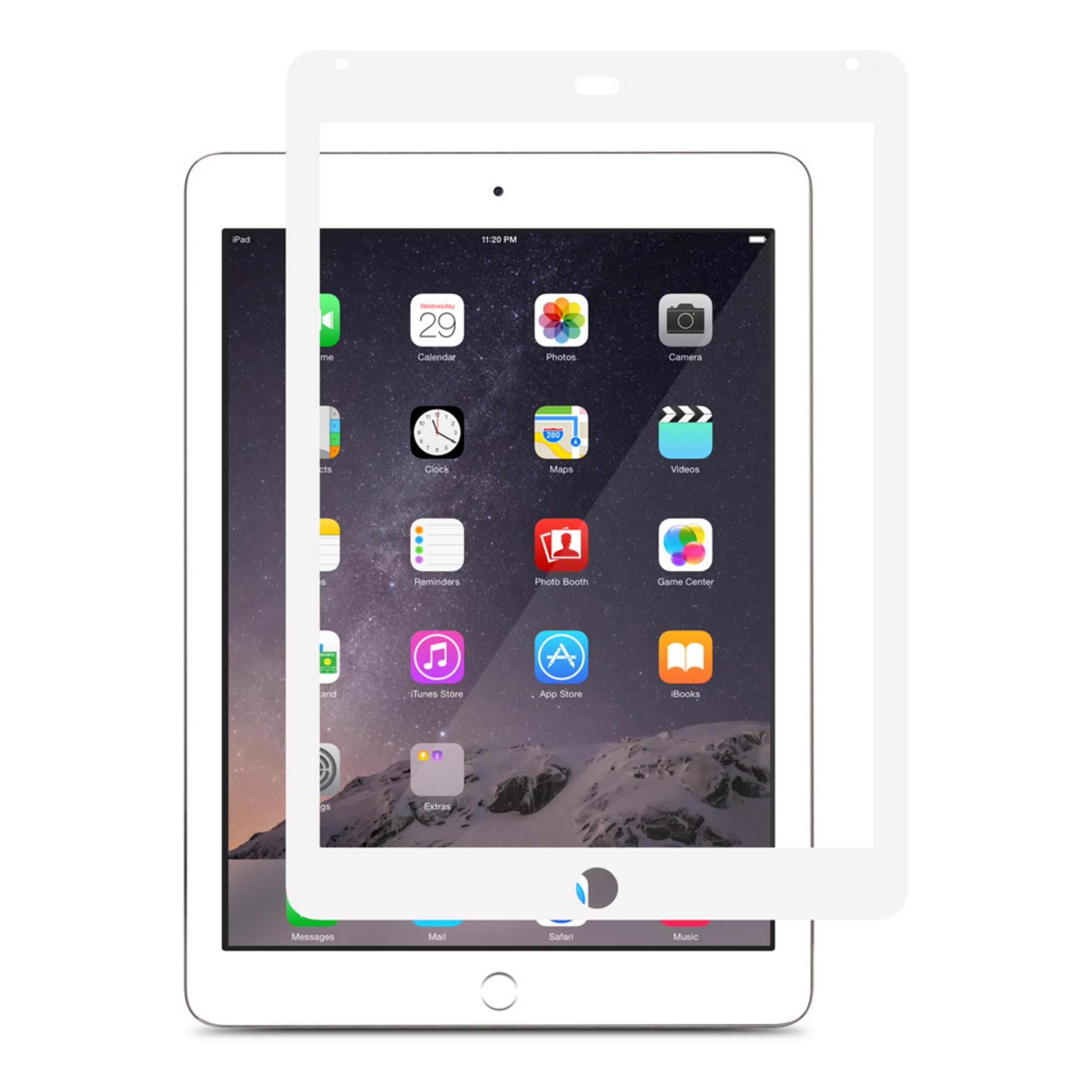 Una protezione schermo bianca giace su un iPad aperto con molte icone di app.