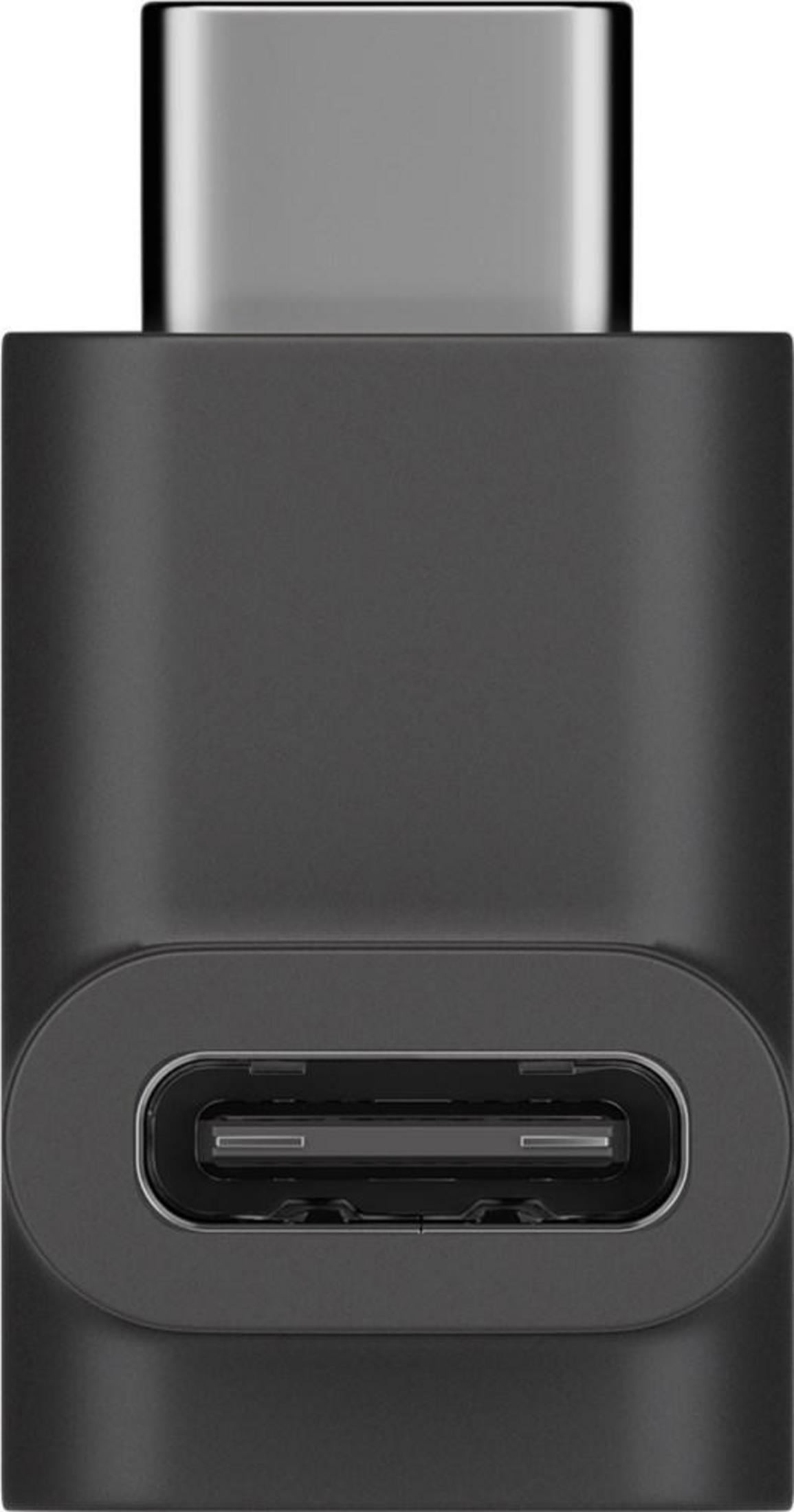 Schwarzer USB-C-Adapter mit zwei Anschlüssen: ein Stecker oben, eine Buchse unten.
