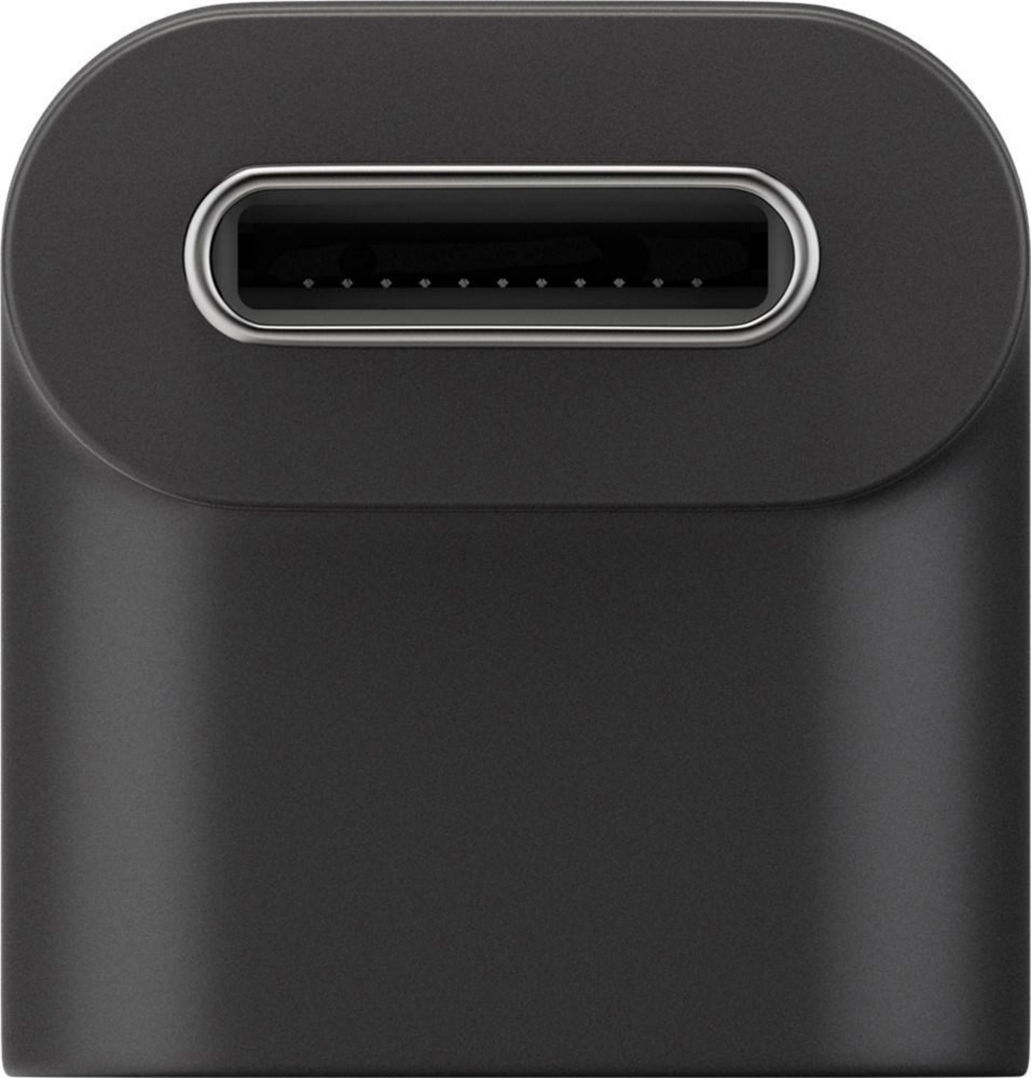Schwarzer USB-C-Adapter mit silbernem Rand und sichtbaren Kontakten.