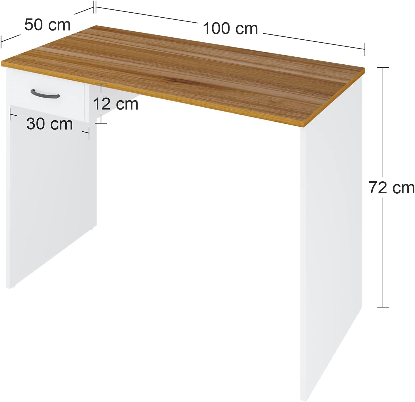 Un escritorio blanco con tapa de madera, 100x50x72 cm, con un cajón.