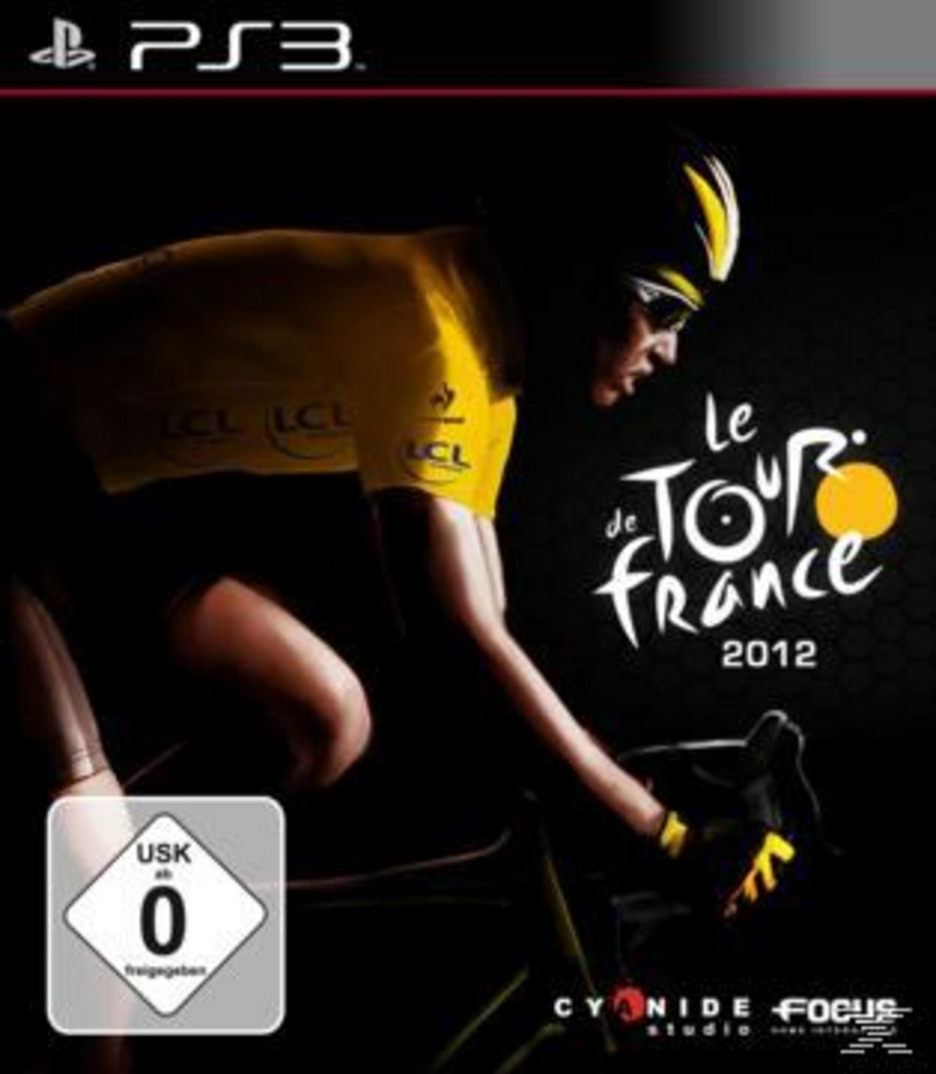 Tour de France 2012 PS3 Spielcover mit Radfahrer in Gelb, USK 0 Siegel.