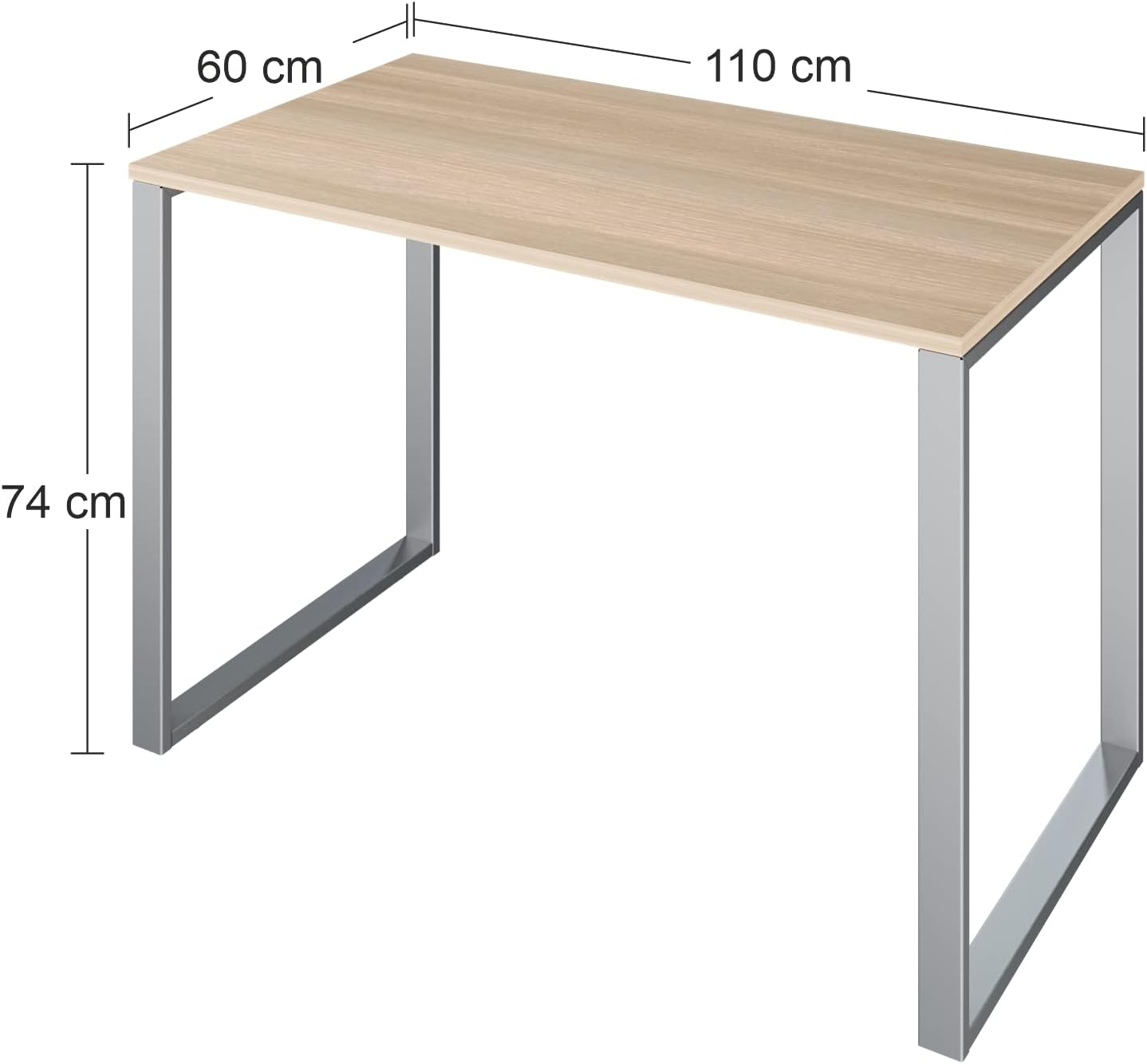 Mesa de madera clara con patas de metal plateado, 110x60x74 cm.
