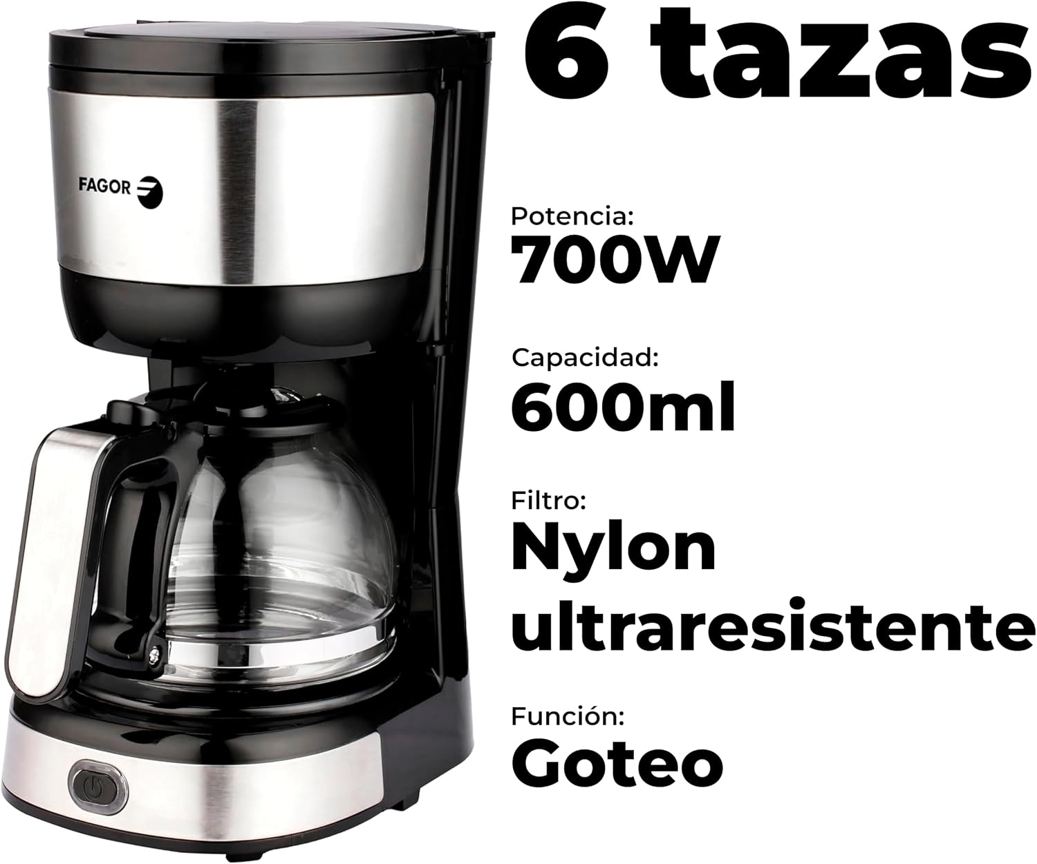 Cafetera negra con jarra de cristal, 700W, capacidad 600ml.