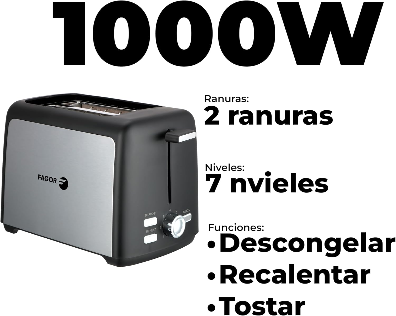 Una tostadora Fagor plateada y negra de 2 ranuras, 1000W.
