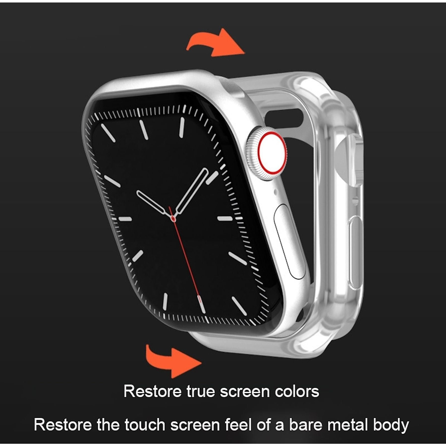 Eine durchsichtige Schutzhülle schützt eine silberne Smartwatch mit schwarzem Zifferblatt.