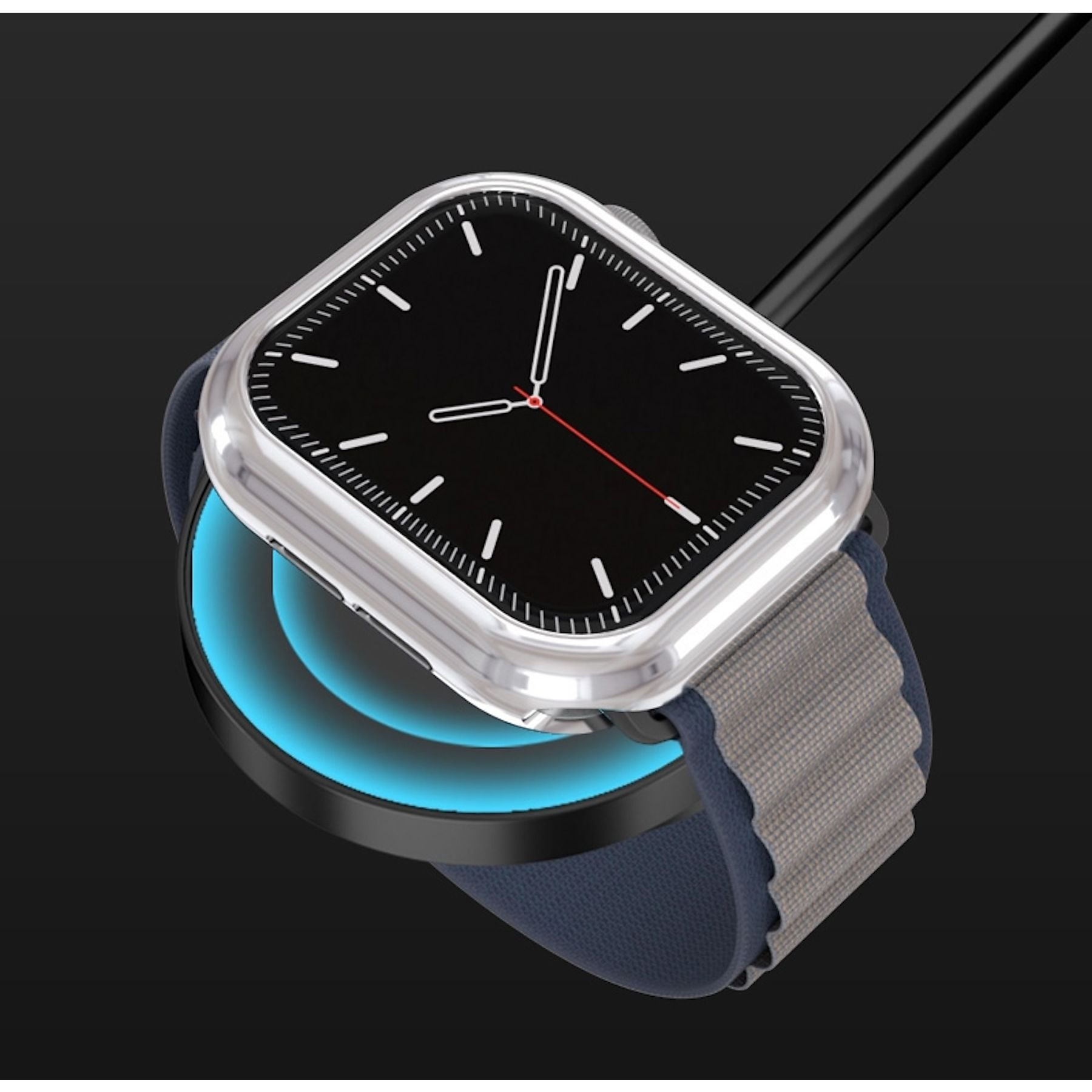 Eine silberne Smartwatch mit schwarzem Zifferblatt und blauem Band wird kabellos geladen.