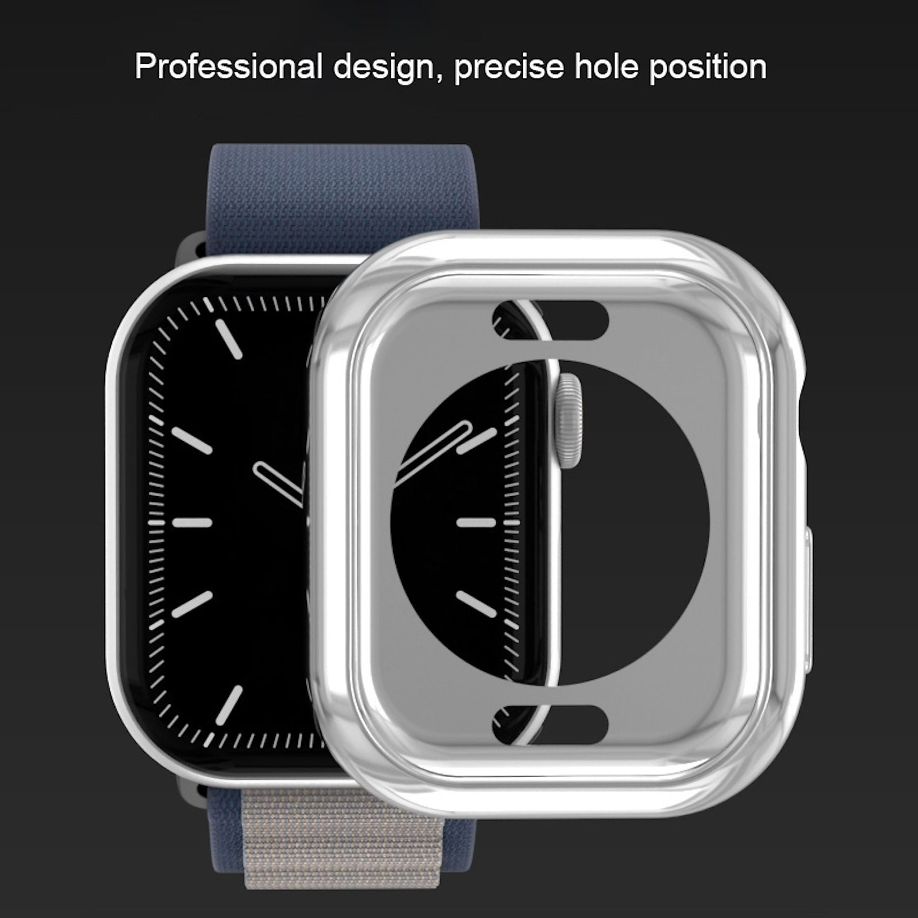 Eine silberne Schutzhülle für eine Smartwatch mit blauem und grauem Armband.
