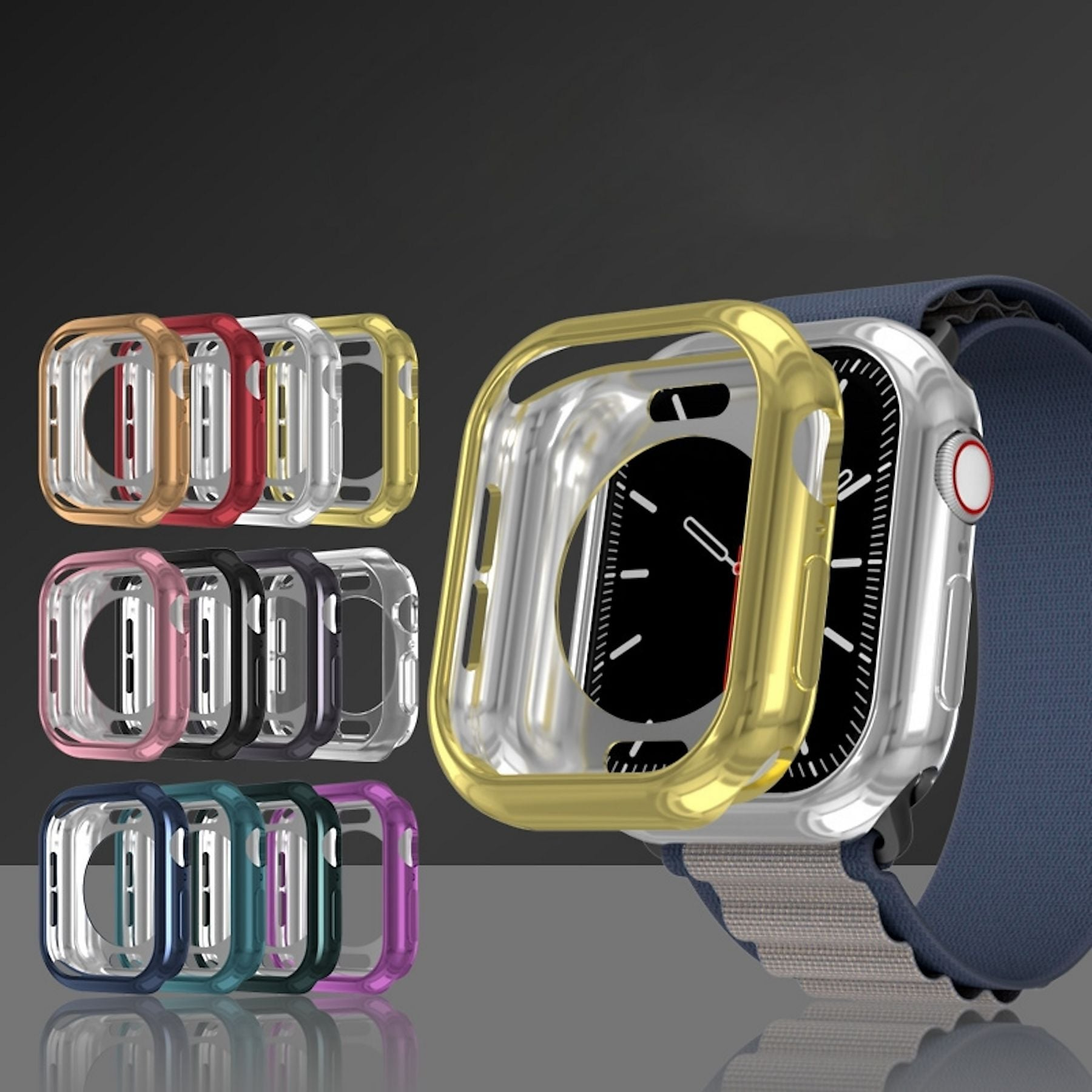 Mehrere bunte Schutzhüllen für Smartwatches liegen nebeneinander.