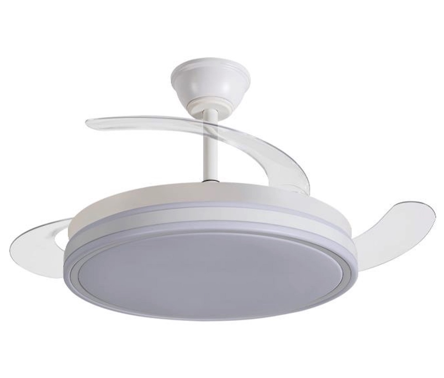 Un ventilador de techo blanco moderno con aspas transparentes retráctiles y luz LED integrada.