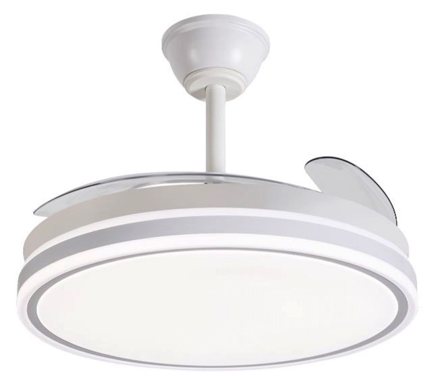 Un ventilador de techo blanco moderno con luz LED integrada.