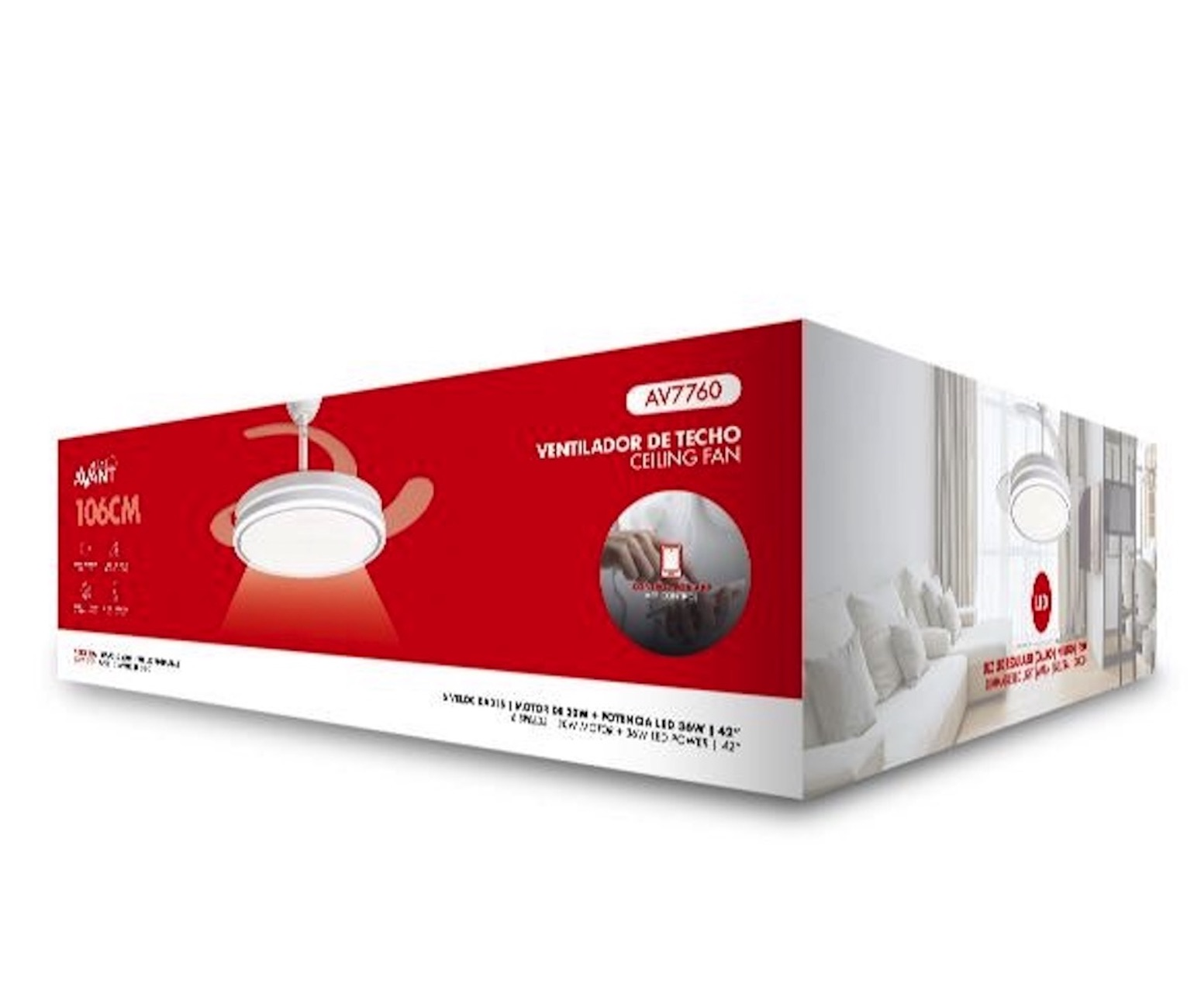 Embalaje de un ventilador de techo de 106 cm con luz LED.
