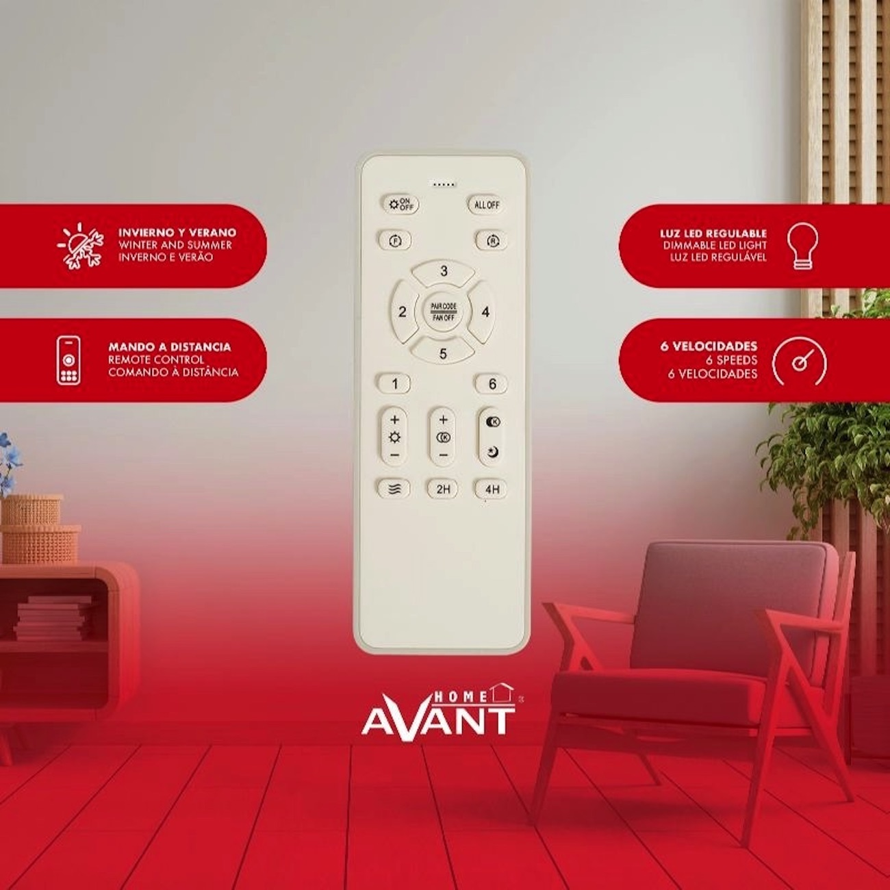 Un control remoto blanco con muchos botones se coloca sobre un fondo rojo.