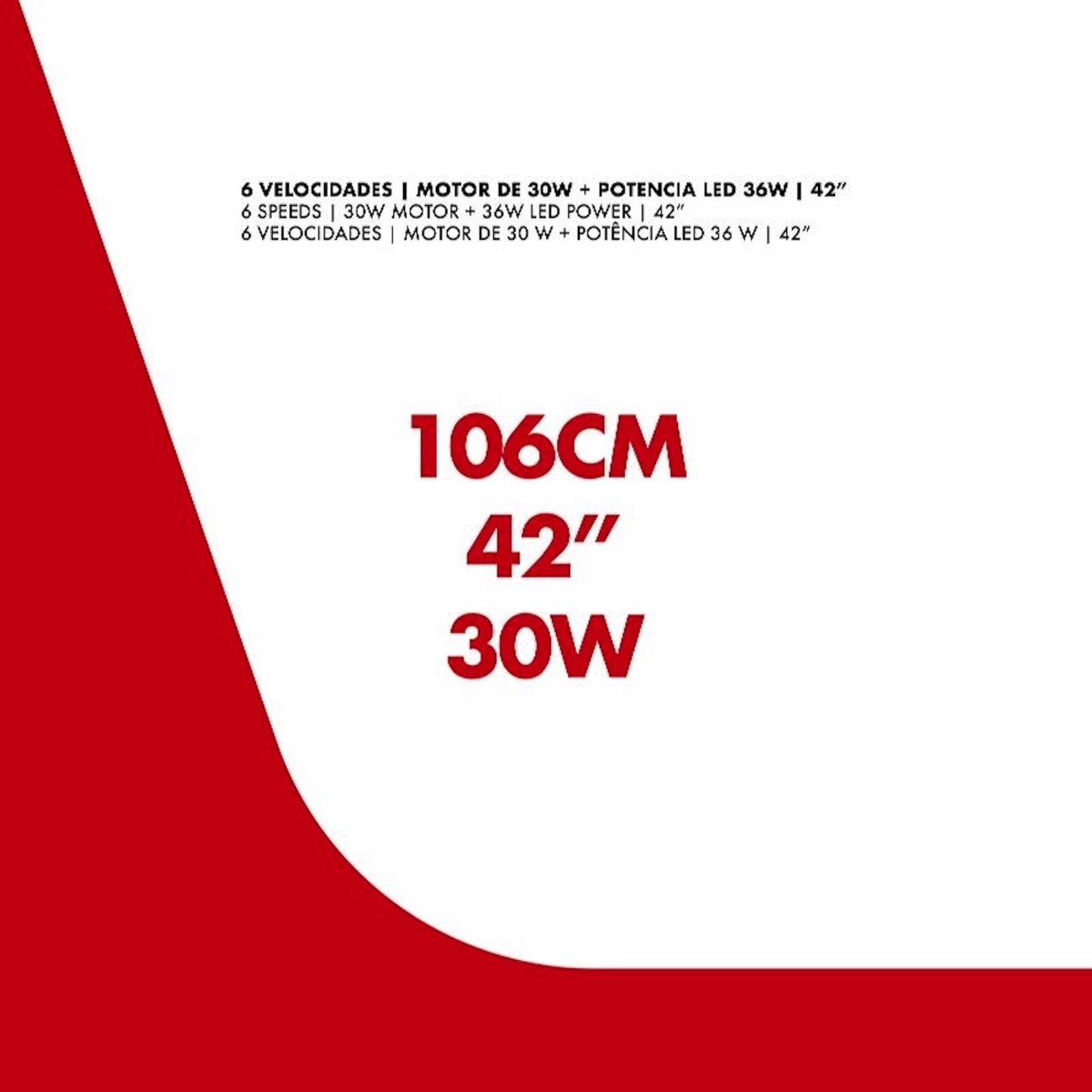 Detalles del producto: 106cm 42 pulgadas 30W 6 velocidades, motor 30W, LED 36W.