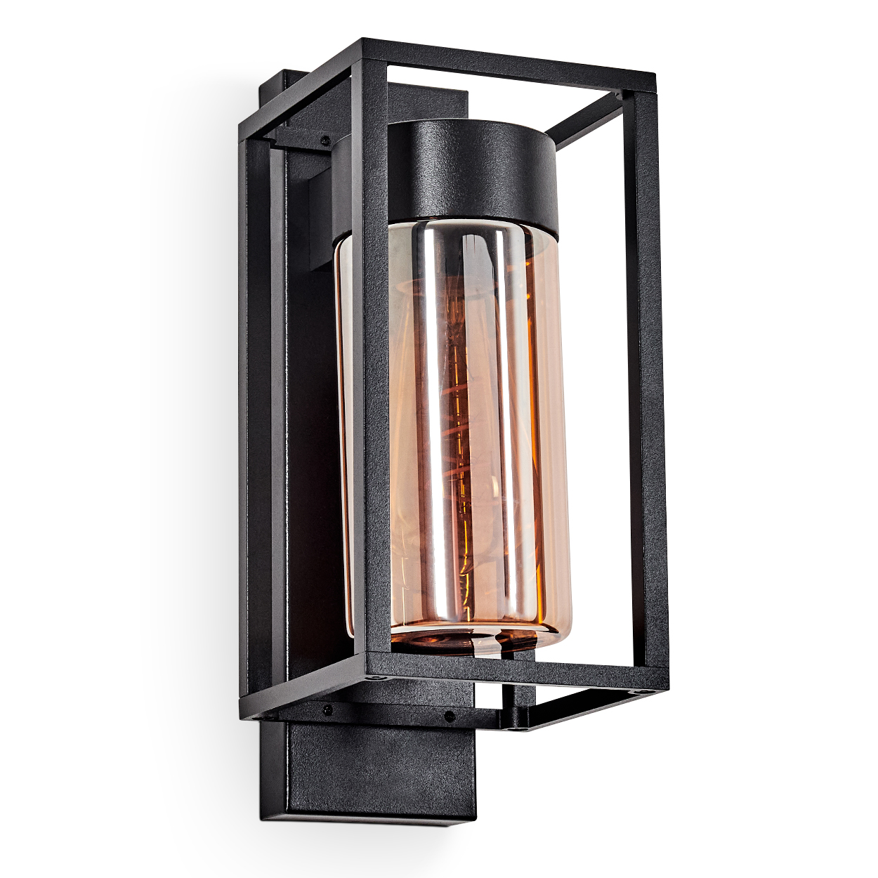 Schwarze Wandleuchte mit rechteckigem Rahmen und zylindrischem Glas.