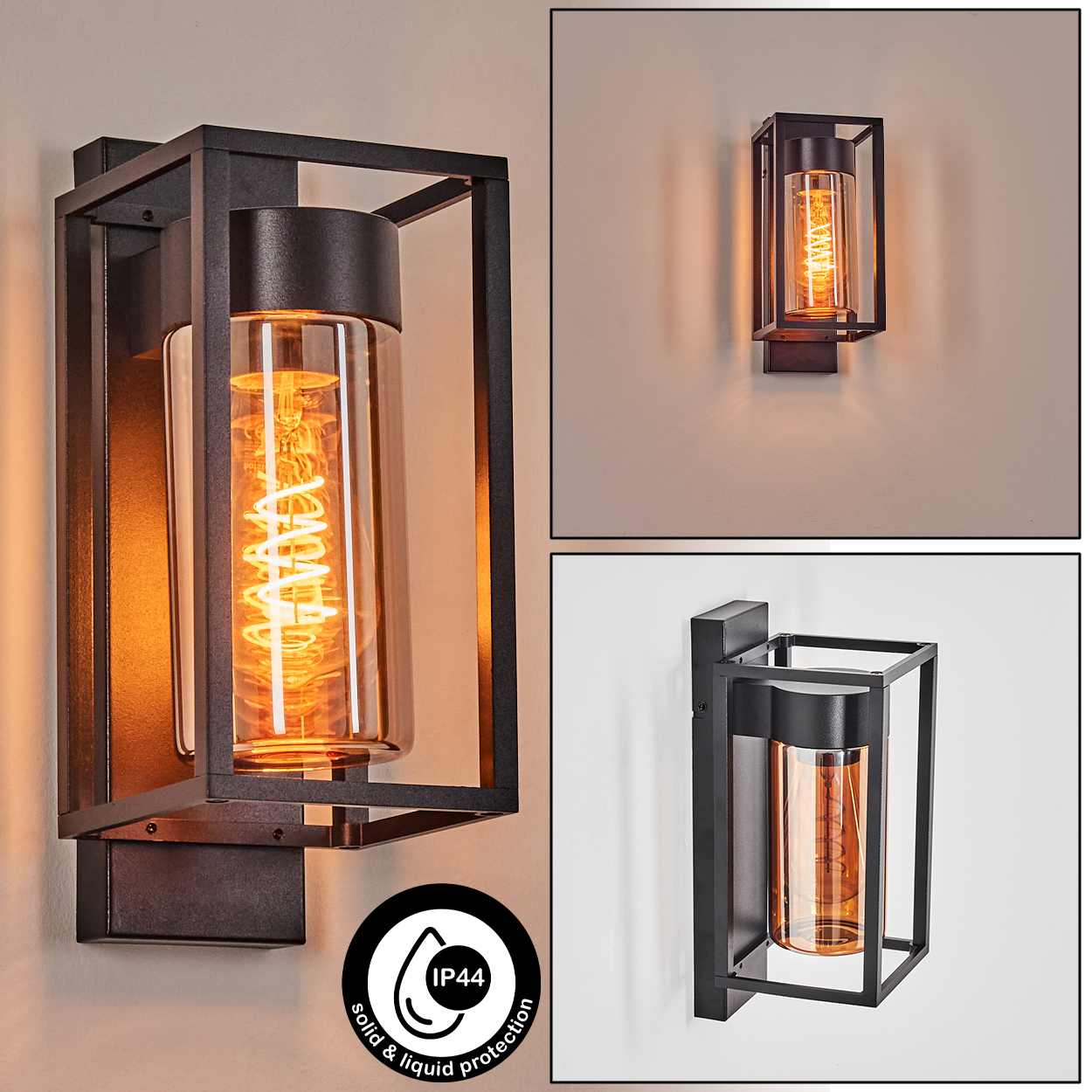 Moderne Wandleuchte mit schwarzem Metallrahmen und Glaszylinder, innen liegender Glühbirne.
