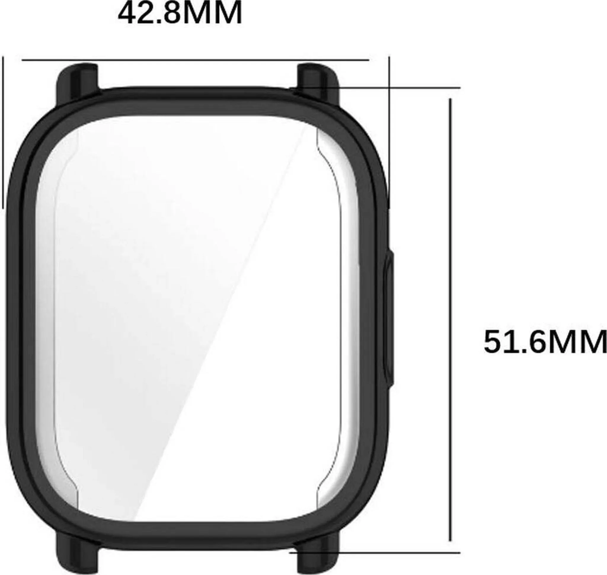 Schwarzes Smartwatch-Gehäuse mit Maßen 42,8 mm und 51,6 mm.