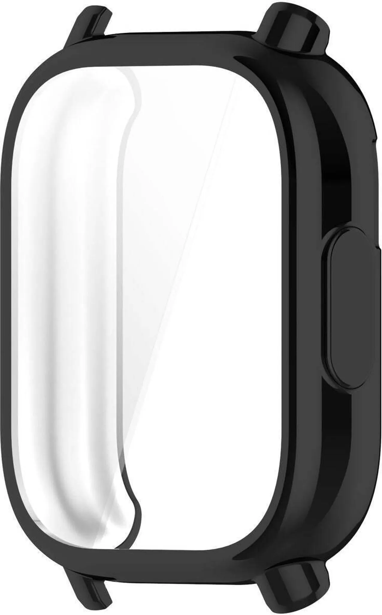 Schwarze Schutzhülle für ein rechteckiges Smartwatch-Display mit schmalen Rändern.
