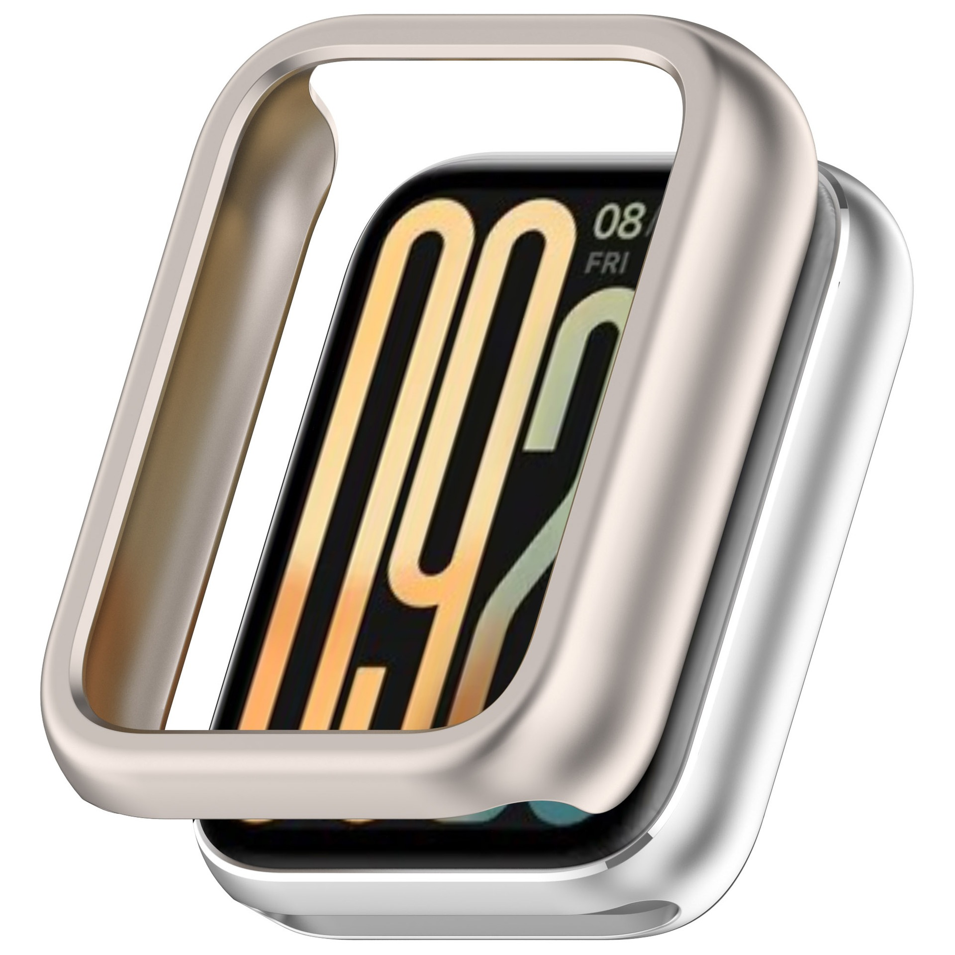 Eine goldene Schutzhülle für eine Smartwatch mit silbernem Gehäuse.