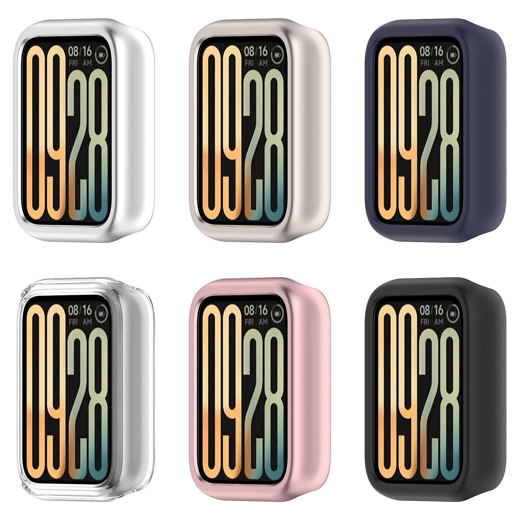 Sechs Smartwatch-Schutzhüllen in verschiedenen Farben: Silber, Roségold, Dunkelblau, Klar, Rosa, Schwarz.
