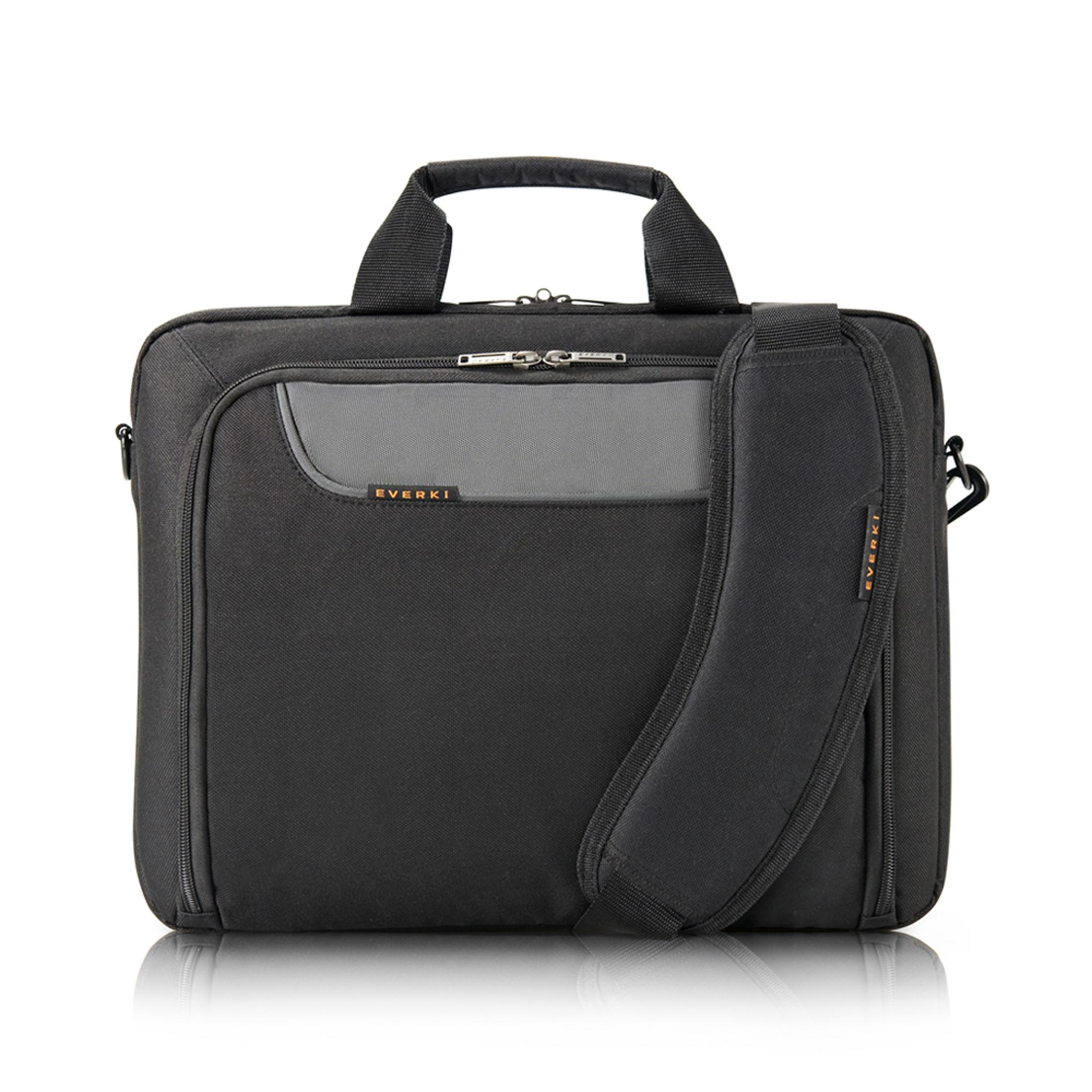 Schwarze Laptoptasche mit zwei Tragegriffen, einem Schultergurt und silbernen Reißverschlüssen.