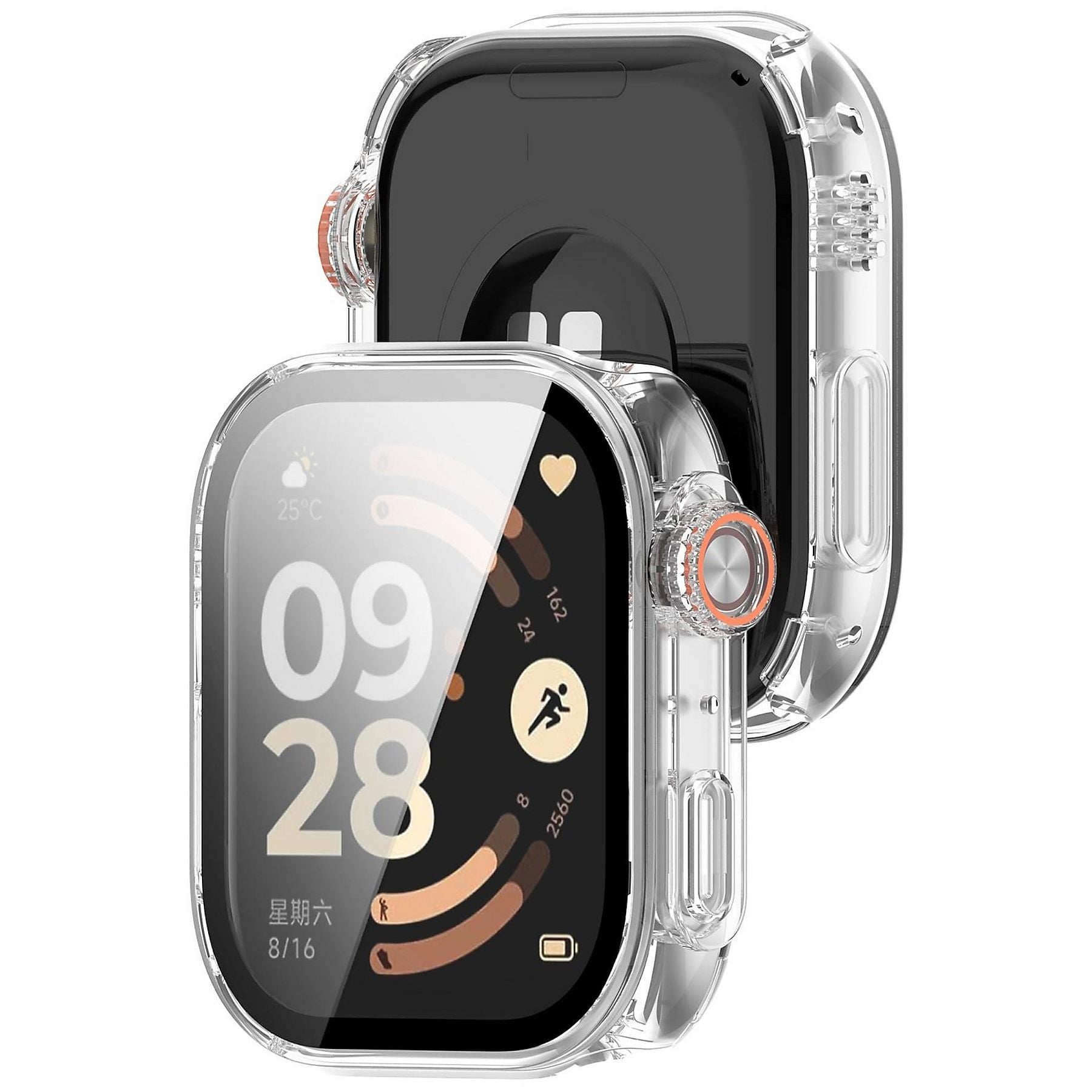 Zwei durchsichtige Schutzhüllen für Smartwatches, eine zeigt einen dunklen Bildschirm mit der Uhrzeit 09:28.