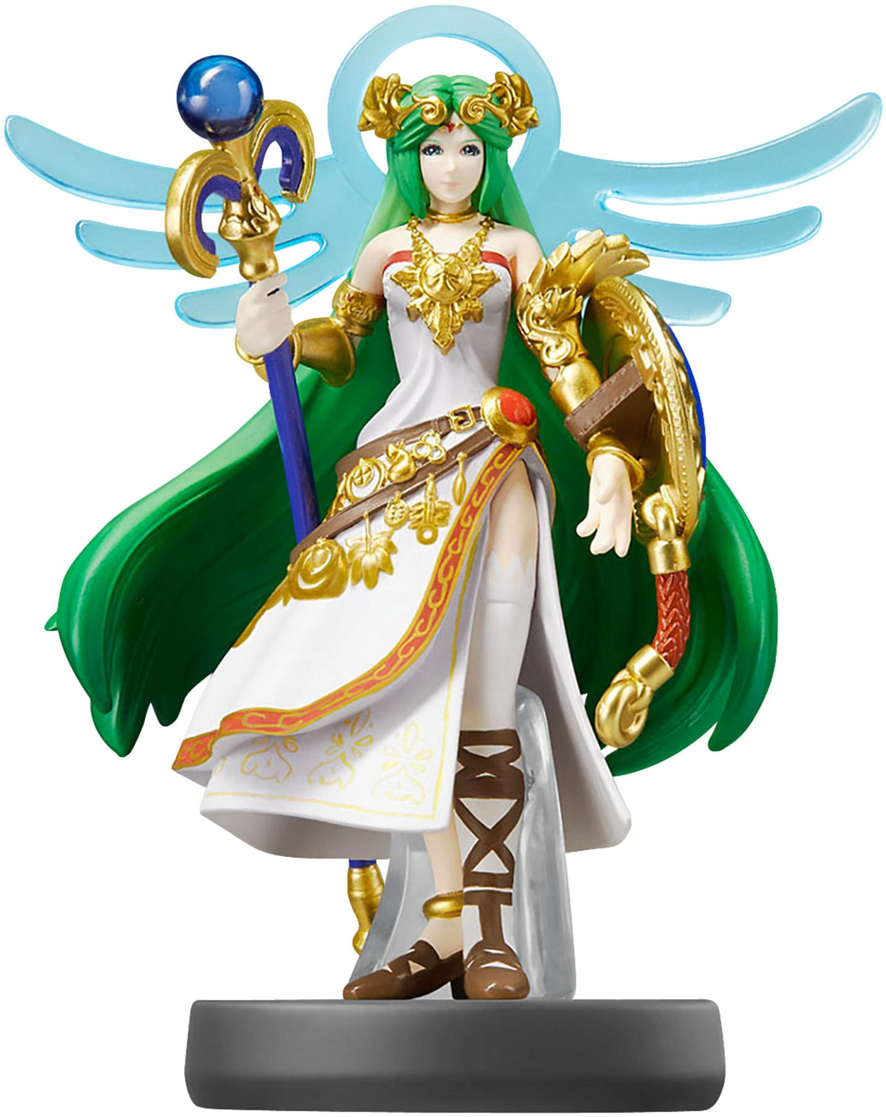 Figur von Palutena aus Kid Icarus mit grünen Haaren, weißem Kleid, goldenen Akzenten und blauen Flügeln.