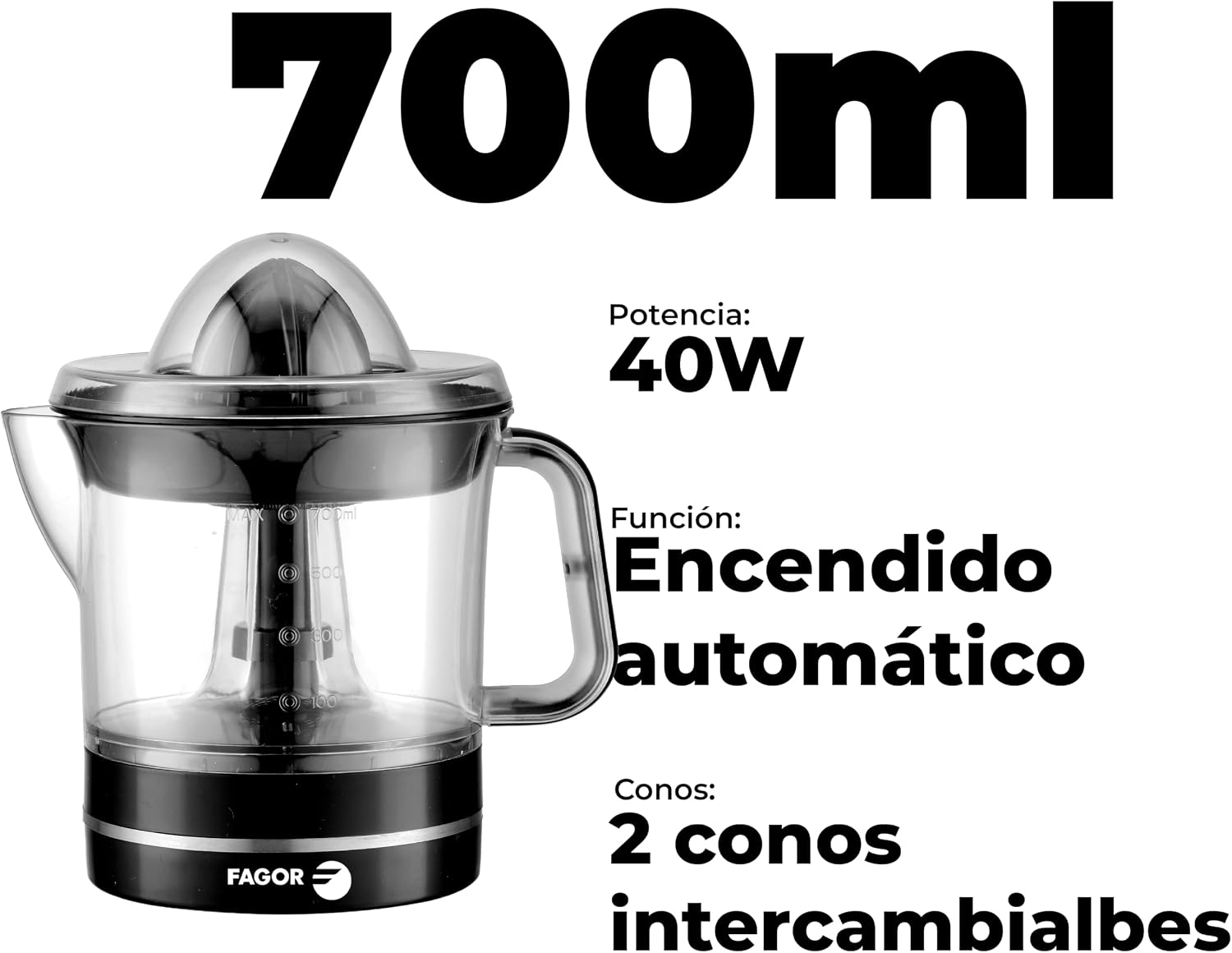 Un exprimidor transparente con base negra, capacidad 700ml, potencia 40W.