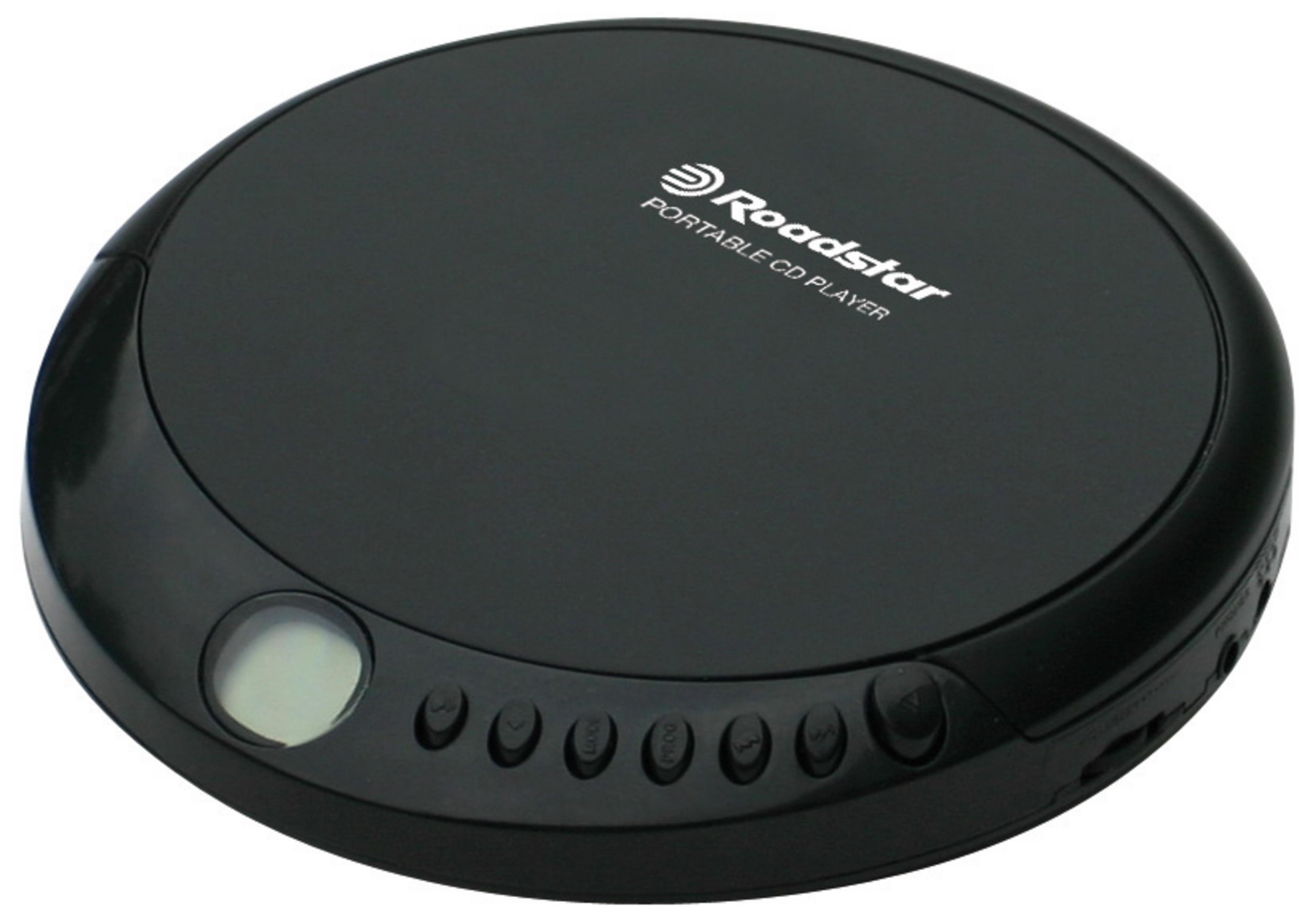 Un lettore CD portatile Roadstar nero con pulsanti e un piccolo schermo.