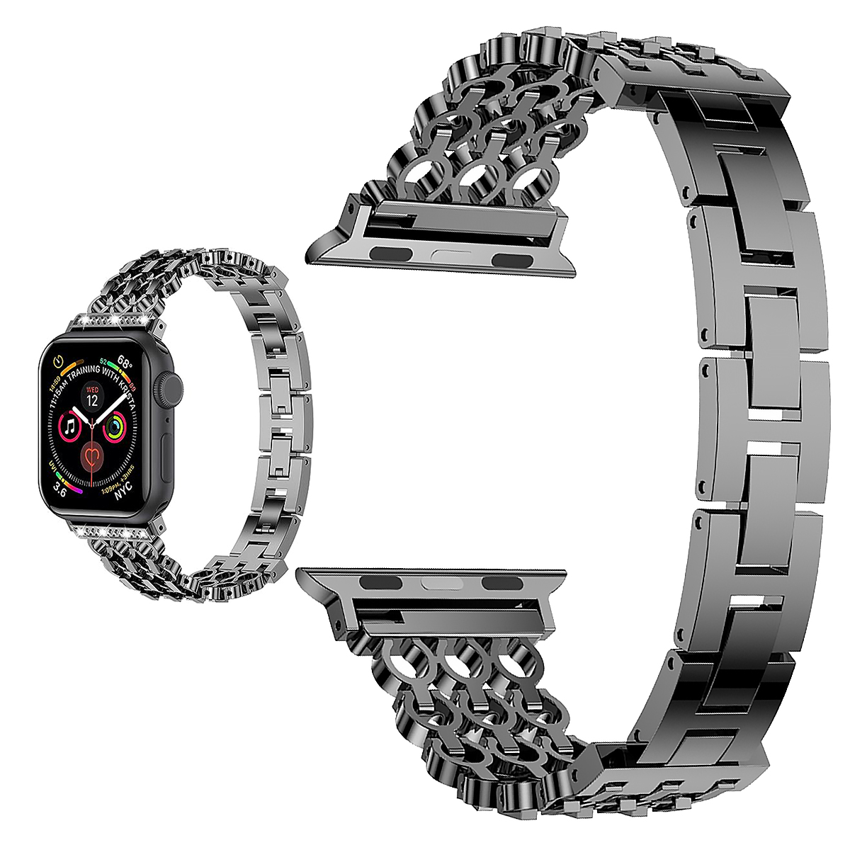 Graues Metallarmband für eine Smartwatch, teilweise angelegt und separat.