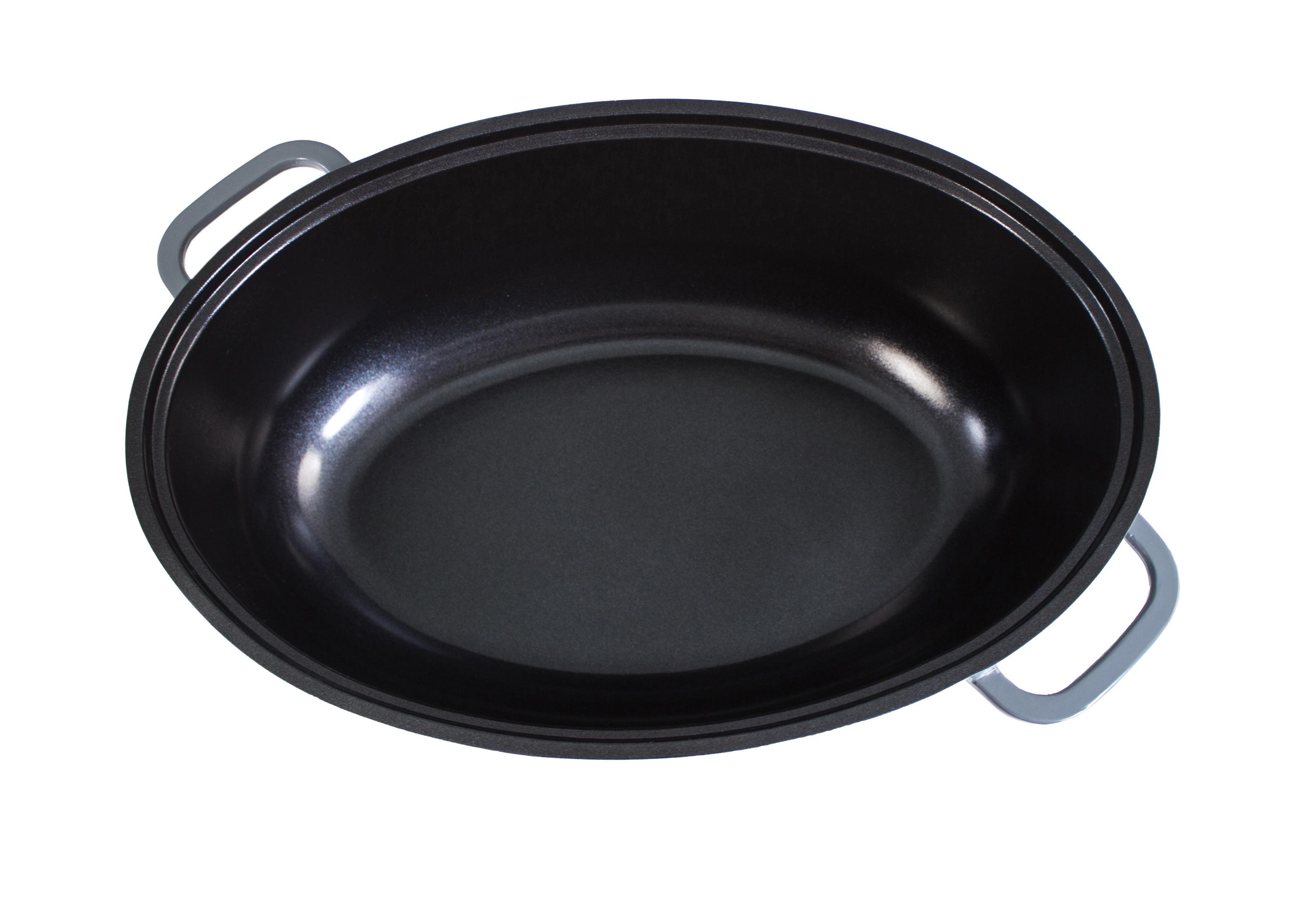 Eine schwarze ovale Bratpfanne mit zwei grauen Griffen, von oben gesehen.