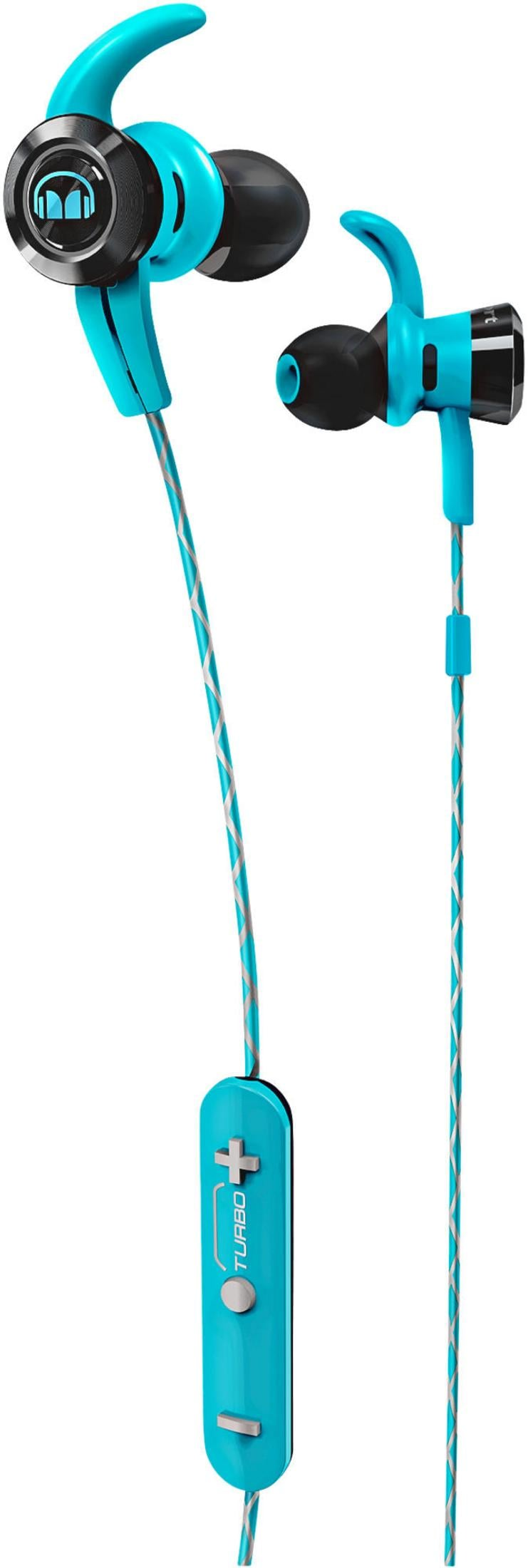 Blaue In-Ear-Kopfhörer mit schwarzem Logo und silbernen Akzenten.