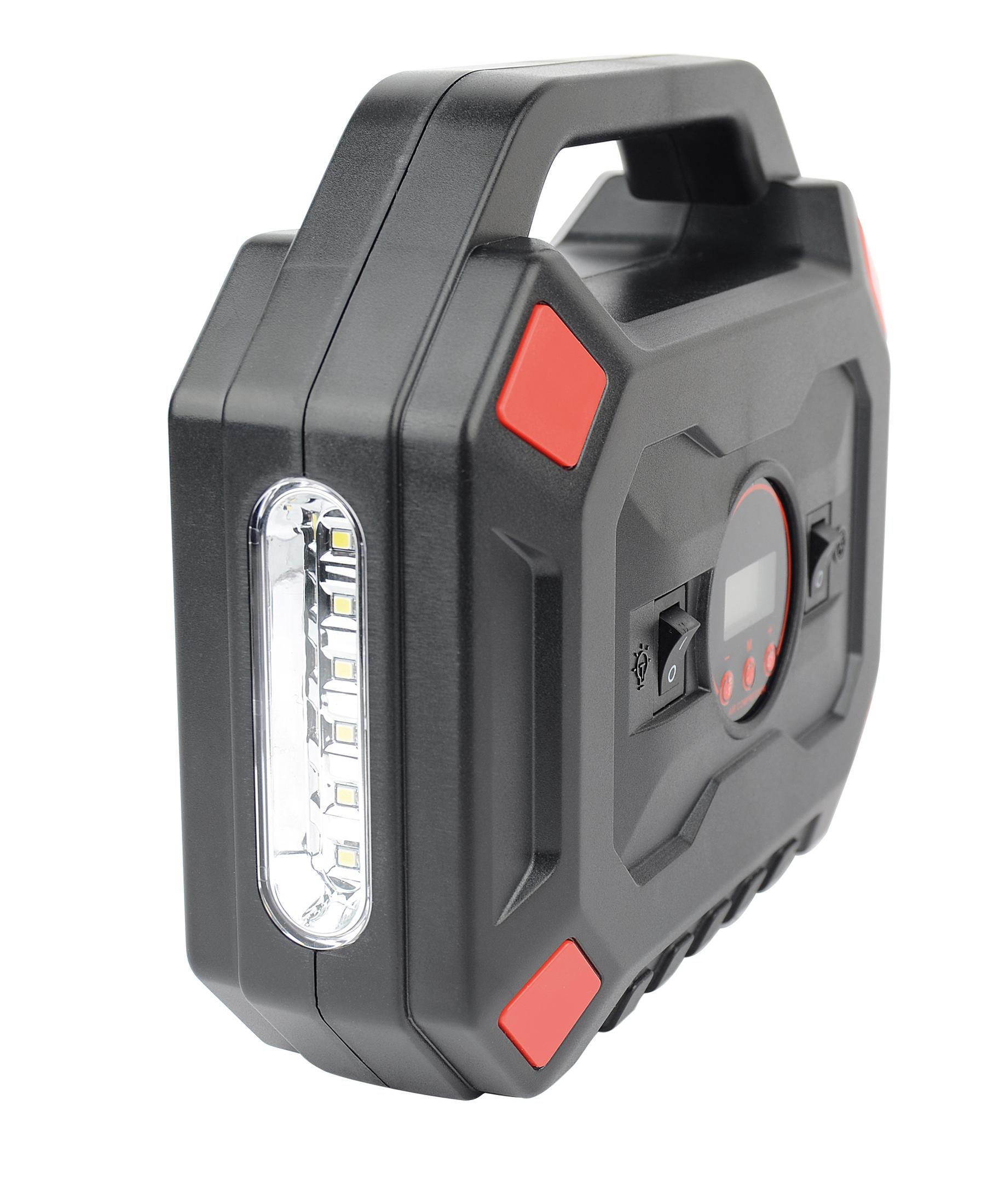 Schwarzer tragbarer Kompressor mit LED-Licht, Display und Schaltern.
