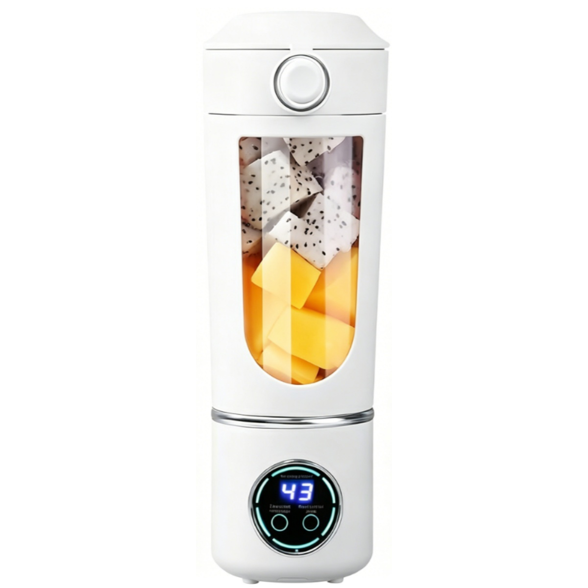 Ein weißer Mixer mit Dragonfrucht- und Mangostücken im Glasbehälter.