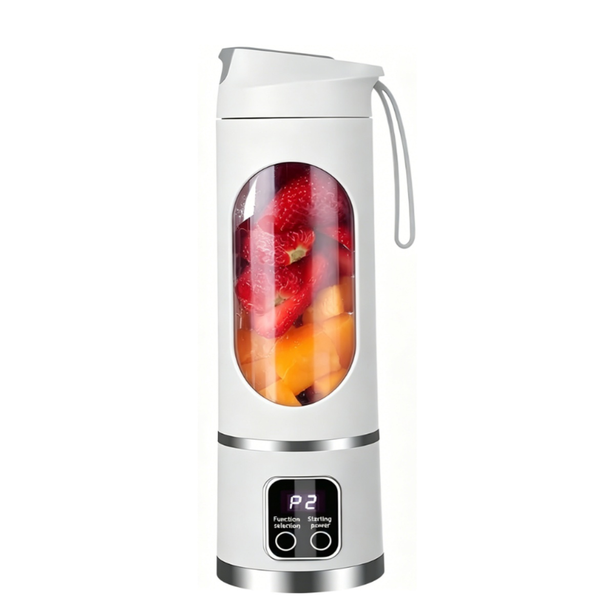 Ein weißer Mixer mit Erdbeeren und Orangenstücken gefüllt.
