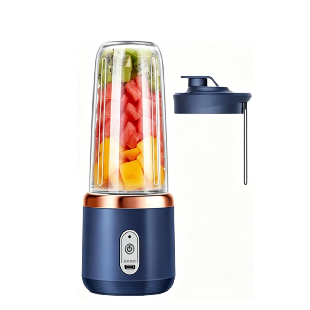 Ein blauer Mixer mit Fruchtstücken im Glas und einem separaten Deckel.