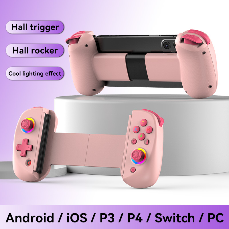 Ein rosa Gaming-Controller mit Joysticks und Knöpfen, der mit einem Smartphone verbunden ist.